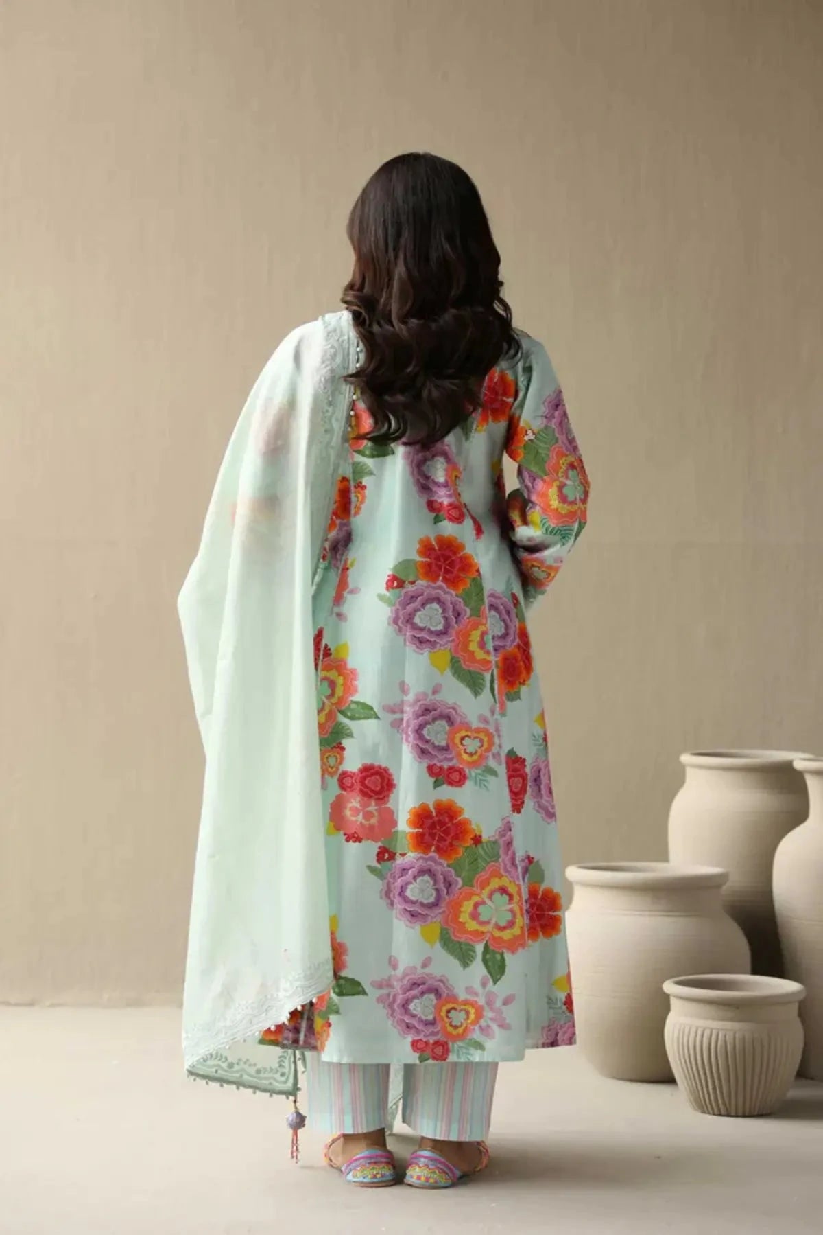 Baby Blue Chanderi Hand Embroidered Kurta With Pants And Embroidered Dupatta - Pallodstore