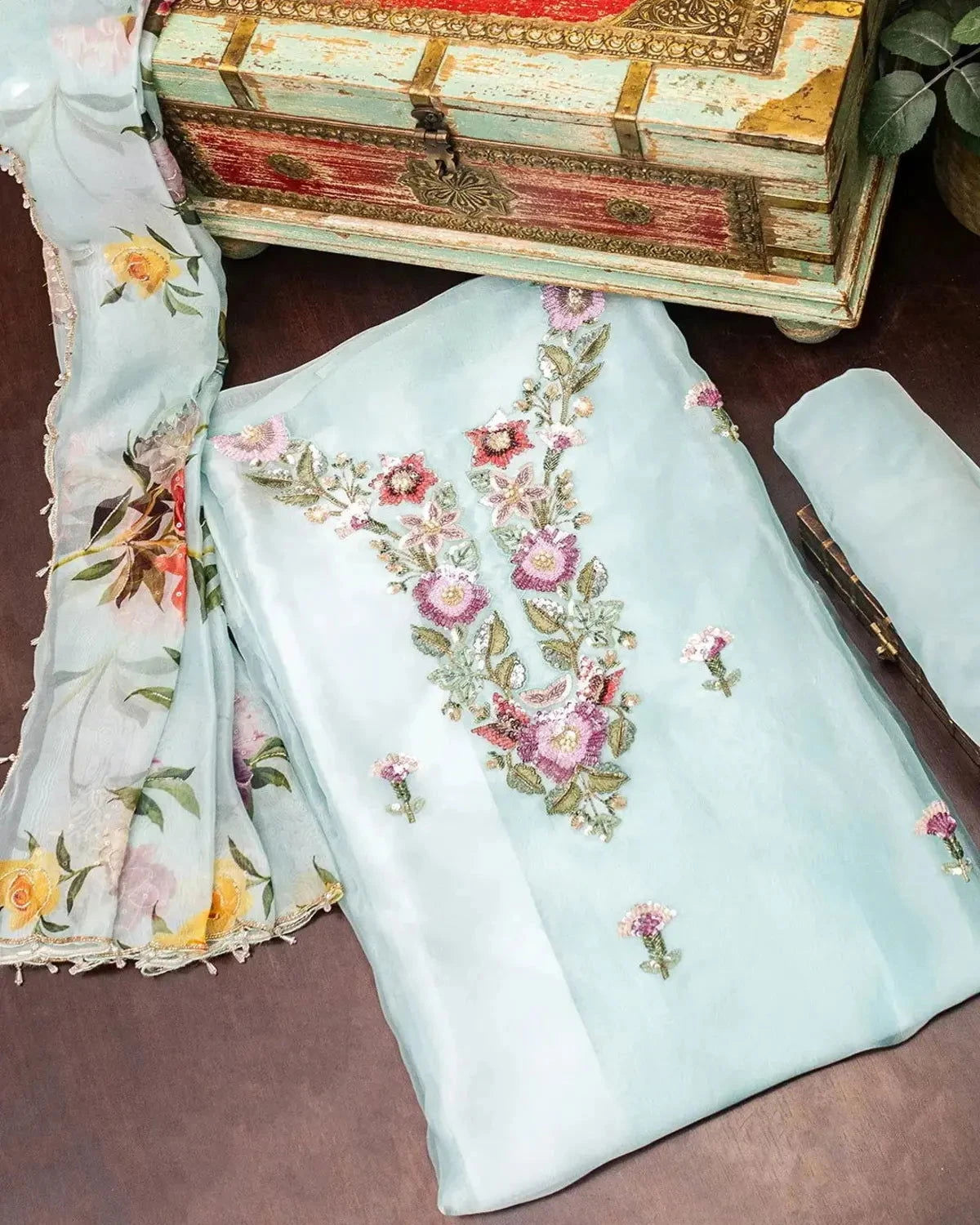 Baby Blue Organza Dress Material - Pallodstore