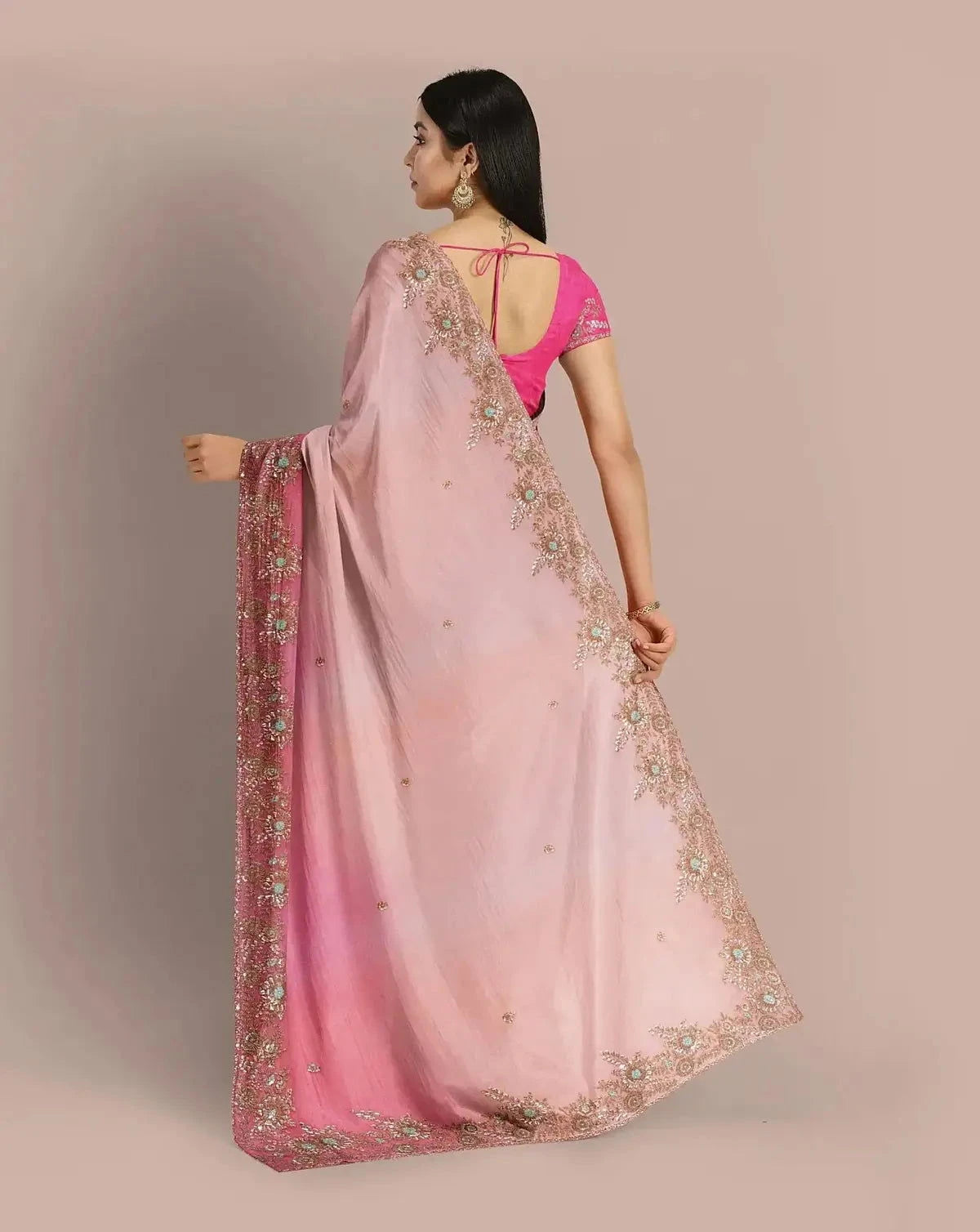 Baby Pink Embroidered Organza Saree - Pallodstore