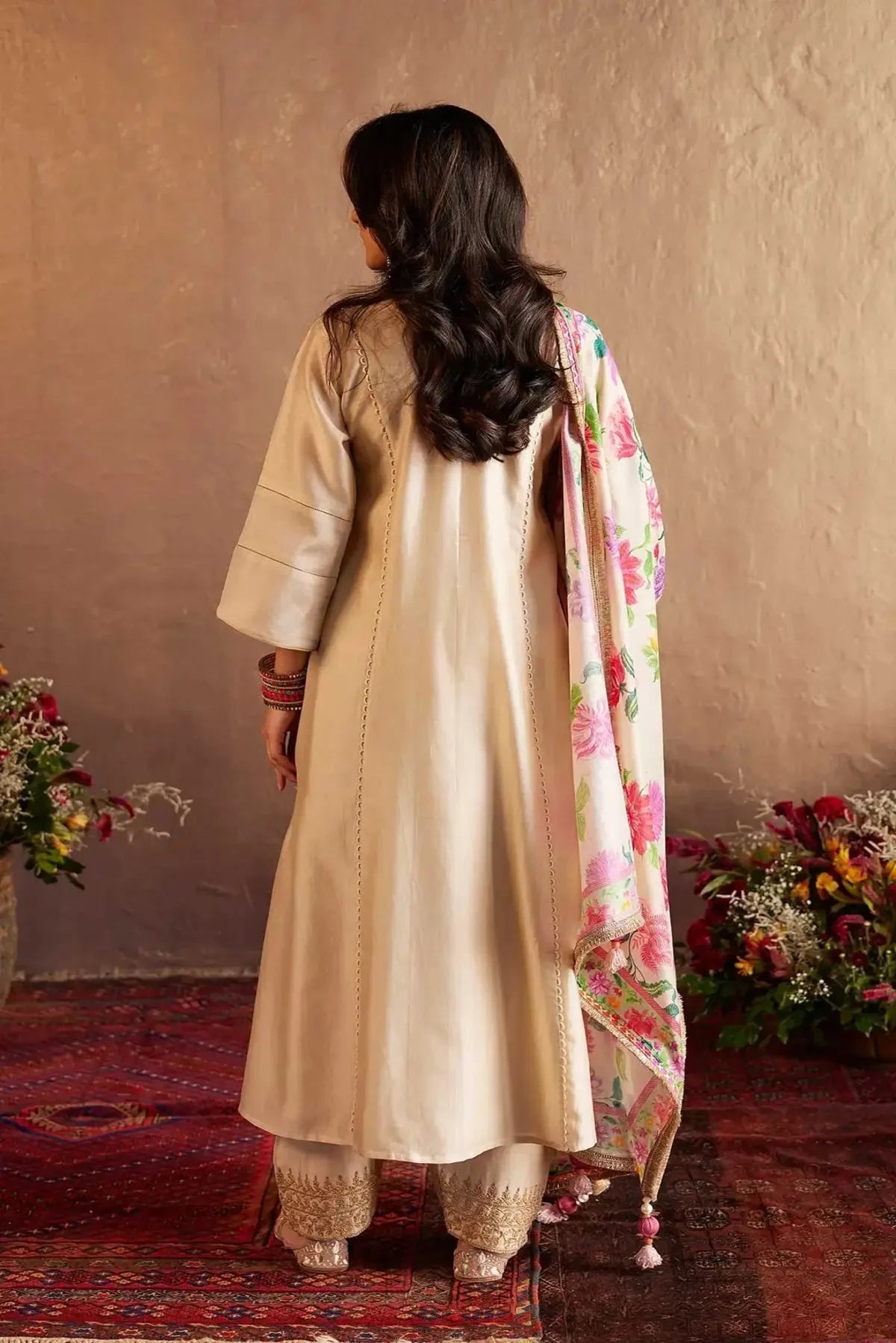 Beige Chanderi Hand Embroidered Kalidar Kurta With Pants And Dupatta - Pallodstore