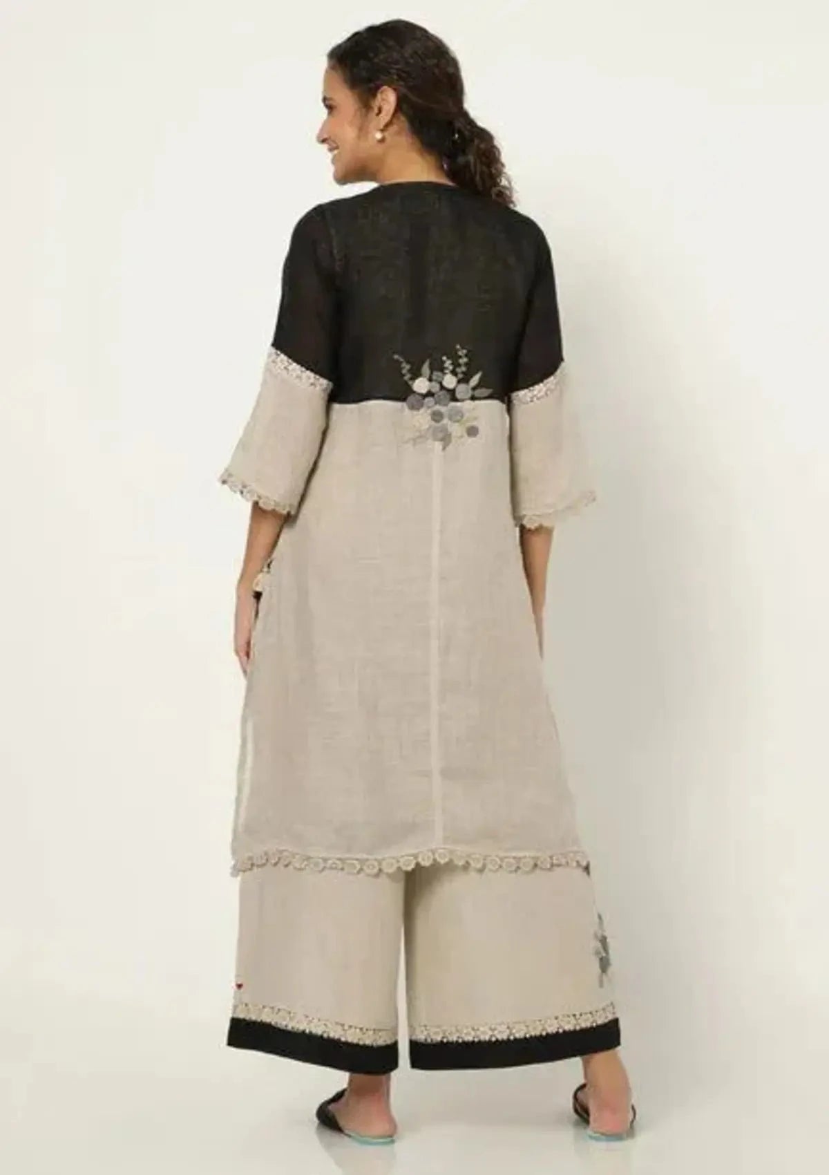 Black and natural rose bouquet fly free tunic set - Pallodstore