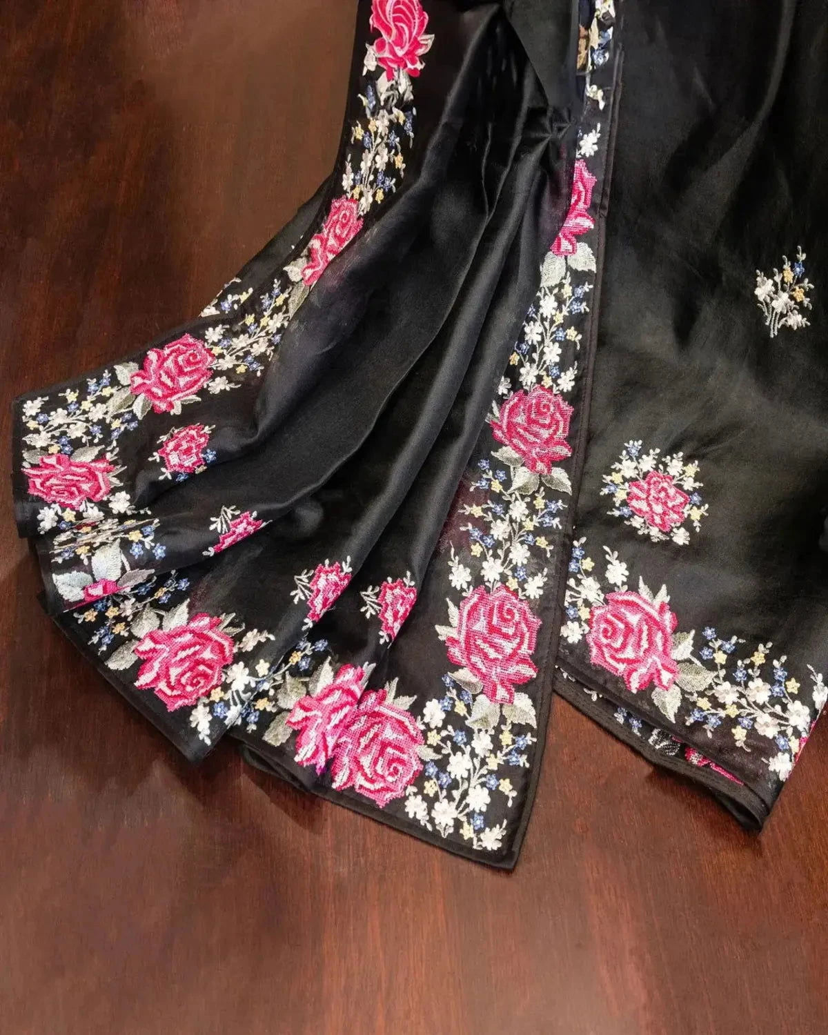 Black organza dress material with resham work. - Pallodstore
