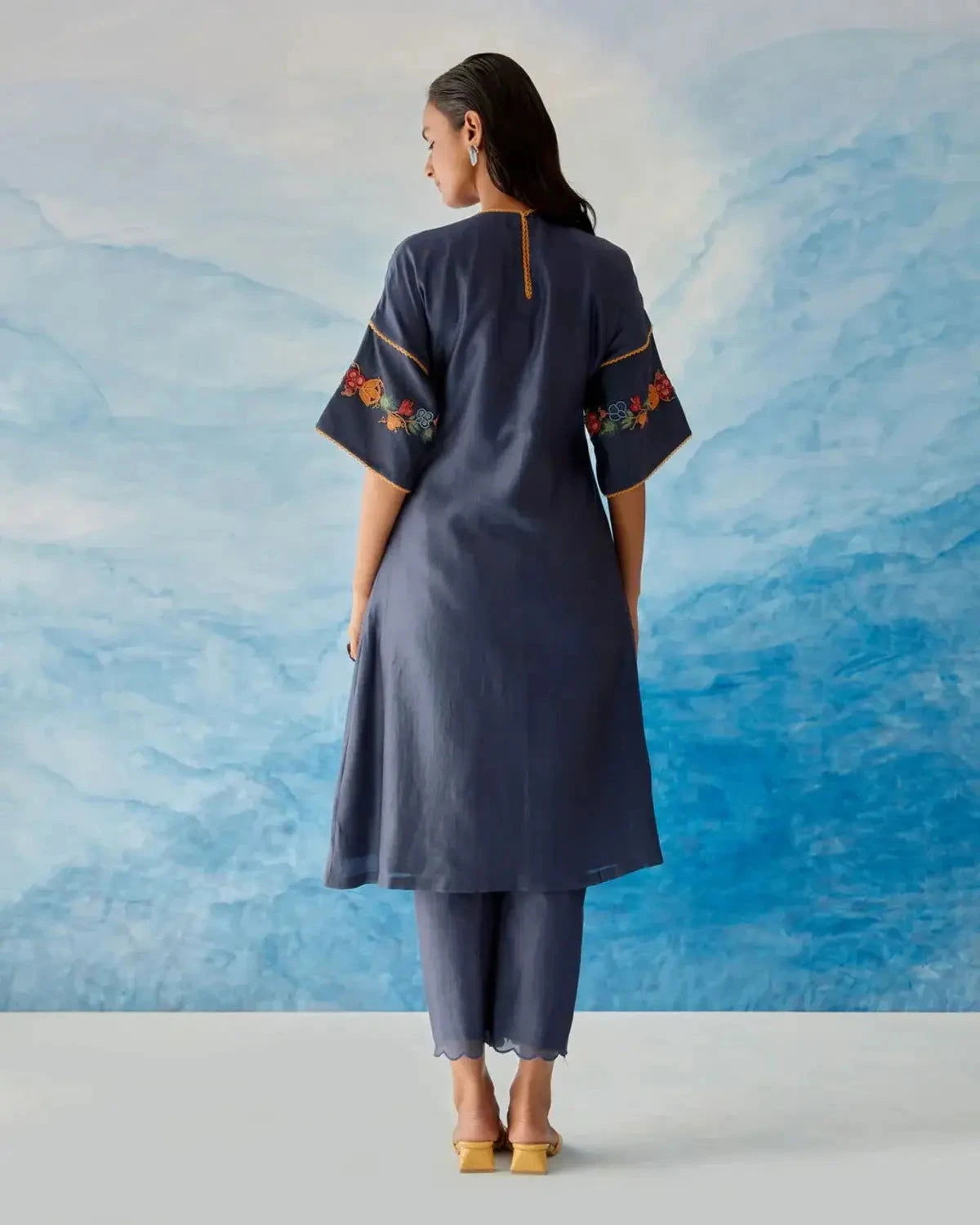 Blue Beadwork Kurta With Fringe Detail Pants - Pallodstore