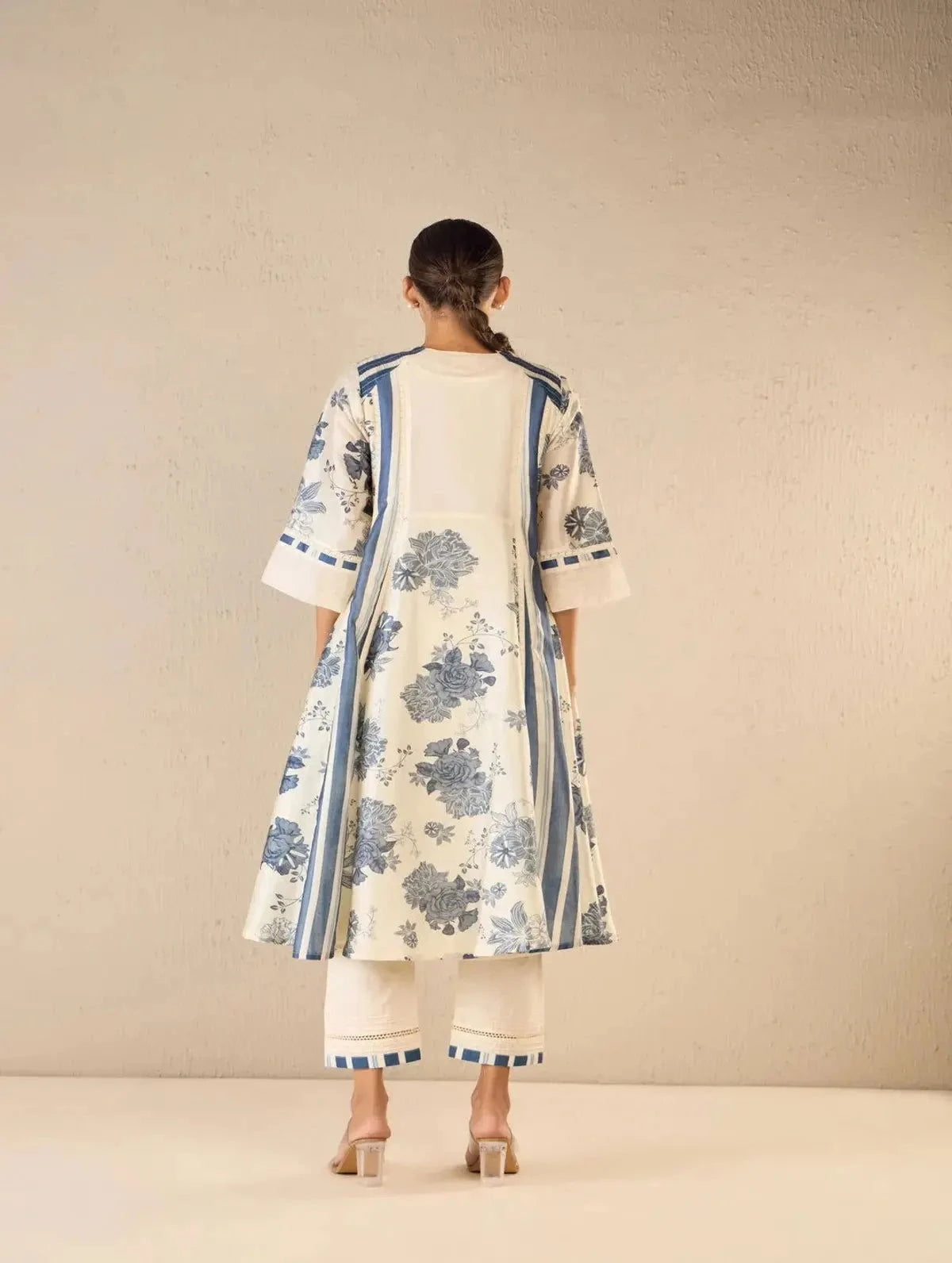 Blue Floral and Stripe Anarkali Set - Pallodstore