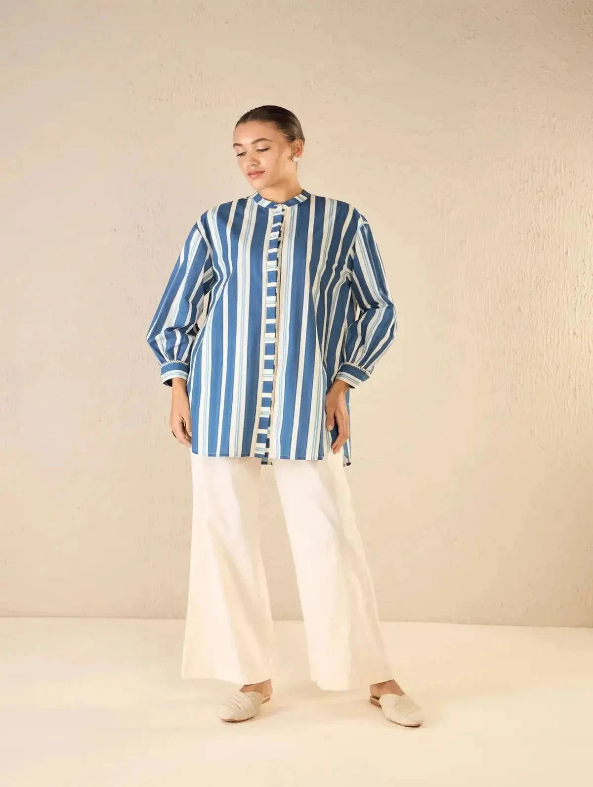 Blue Meadow Stripes Long Shirt CO-Ord Set - Pallodstore
