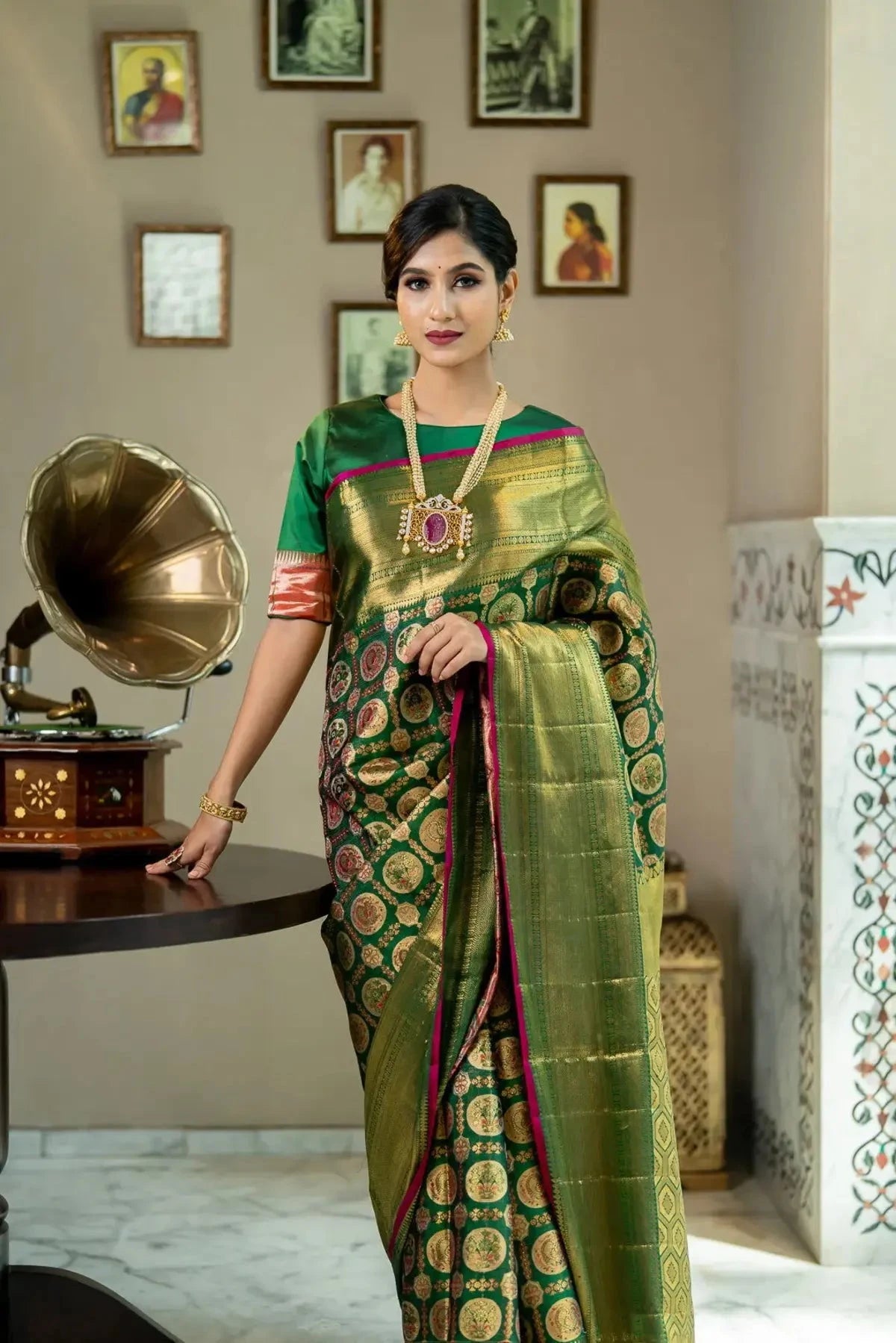 Bottle Green Tissue Kanjivaram Saree - Pallodstore