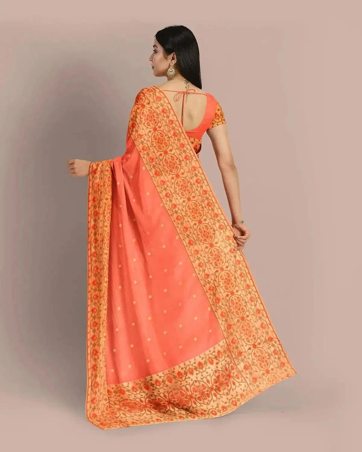 Coral Peach Banarasi Kora Saree - Pallodstore