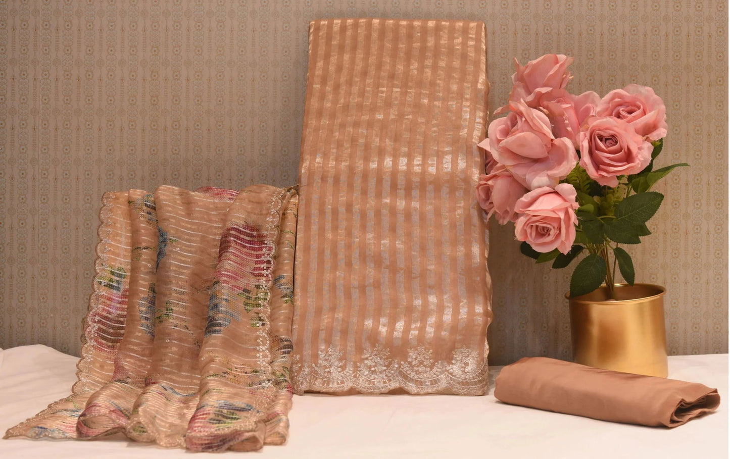 Embroidered Light Brown Organza Dress Material - Pallodstore