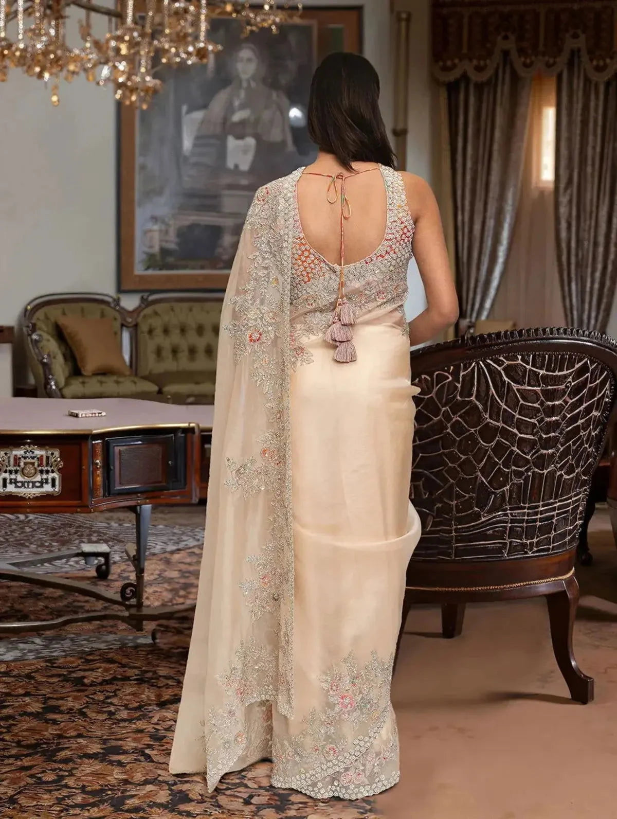 Embroidered Organza Beige Saree - Pallodstore