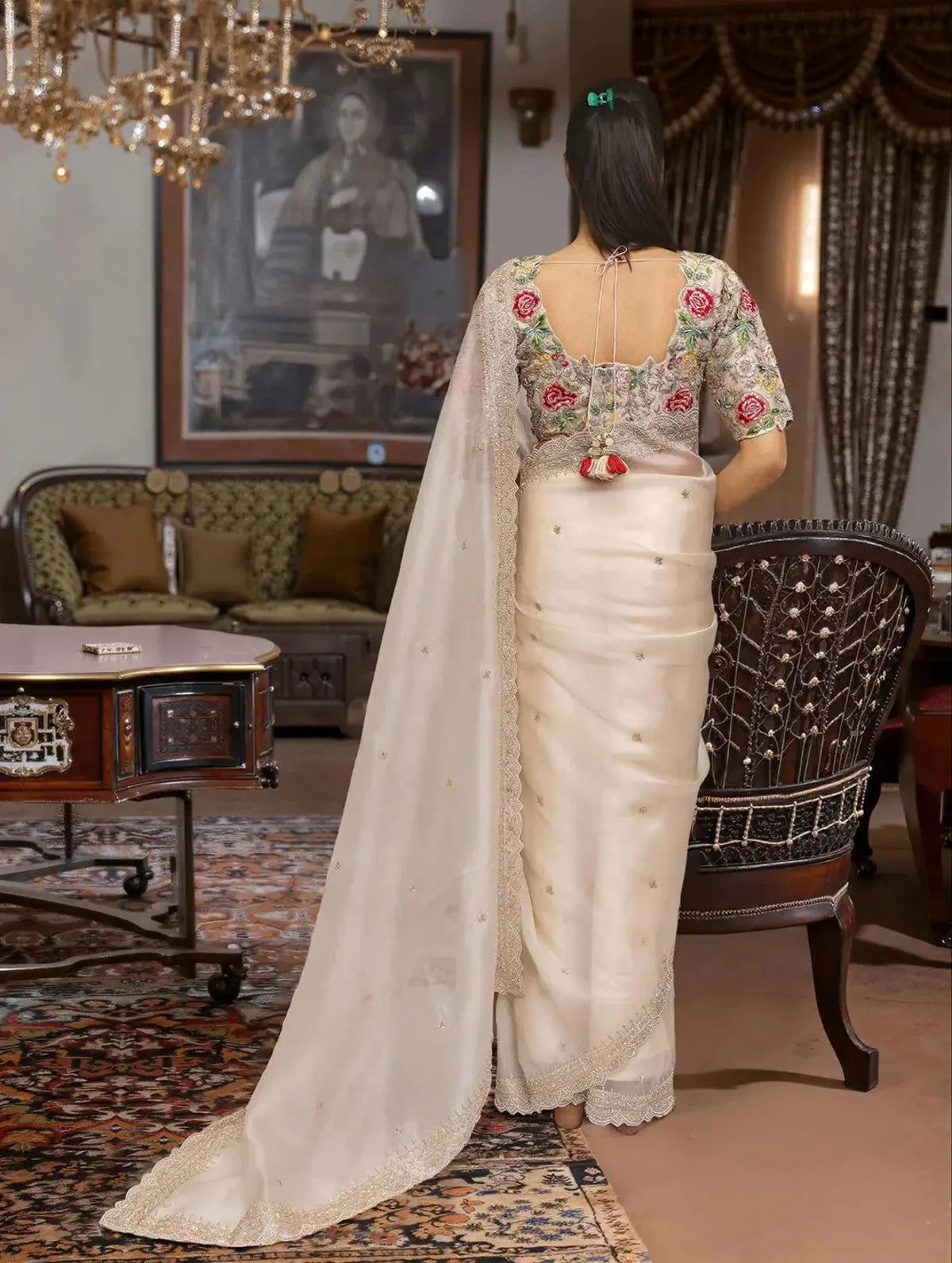 Embroidered Organza Ivory Saree - Pallodstore