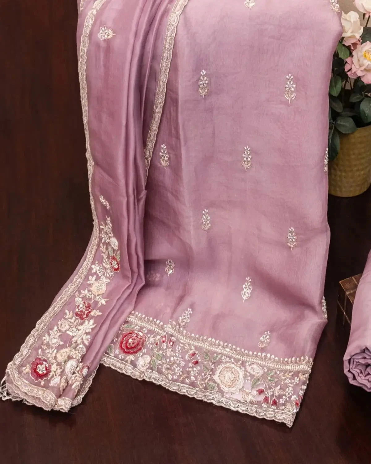 Embroidered Organza Lilac Dress Material - Pallodstore