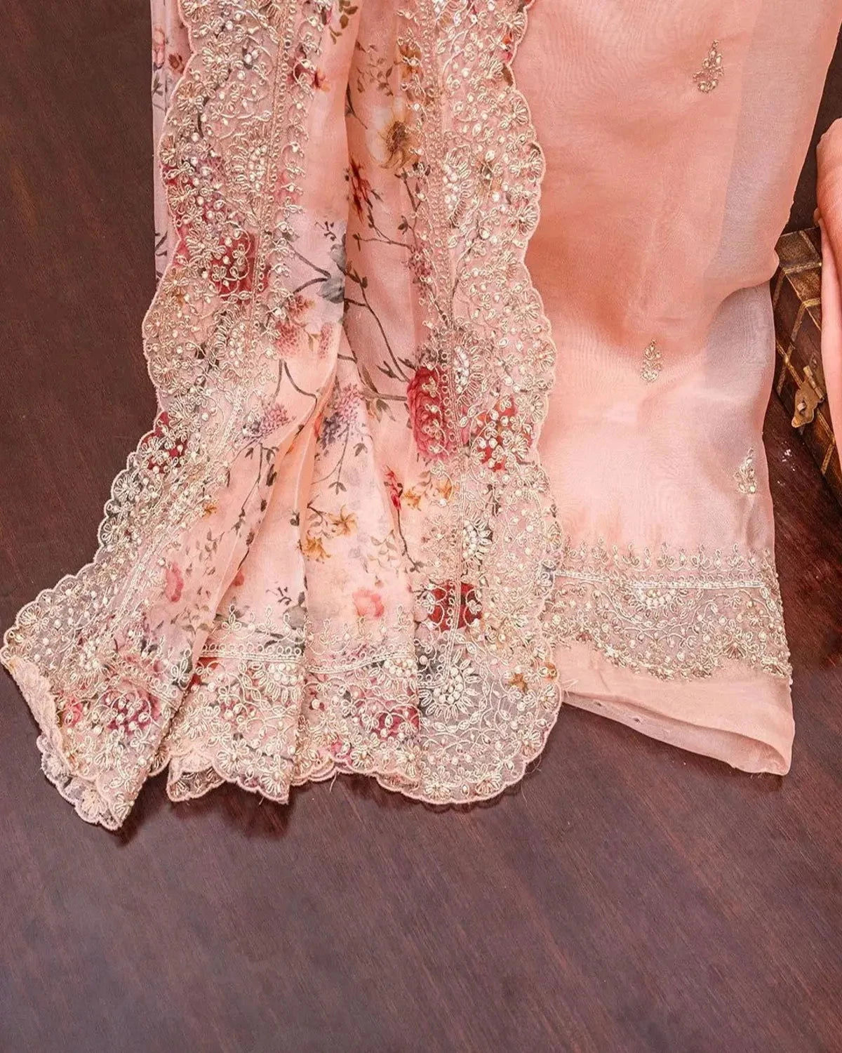 Embroidered Organza Peach Dress Material - Pallodstore