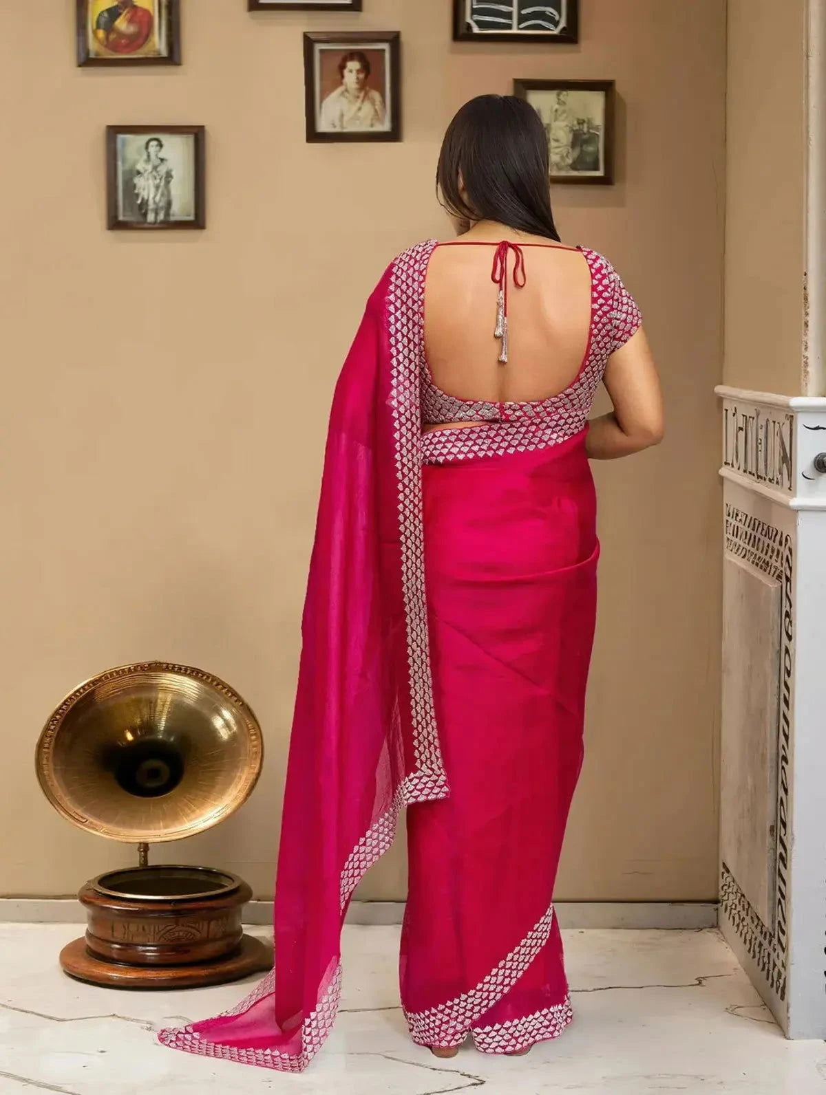 Embroidered Organza Rani Pink Color Saree - Pallodstore