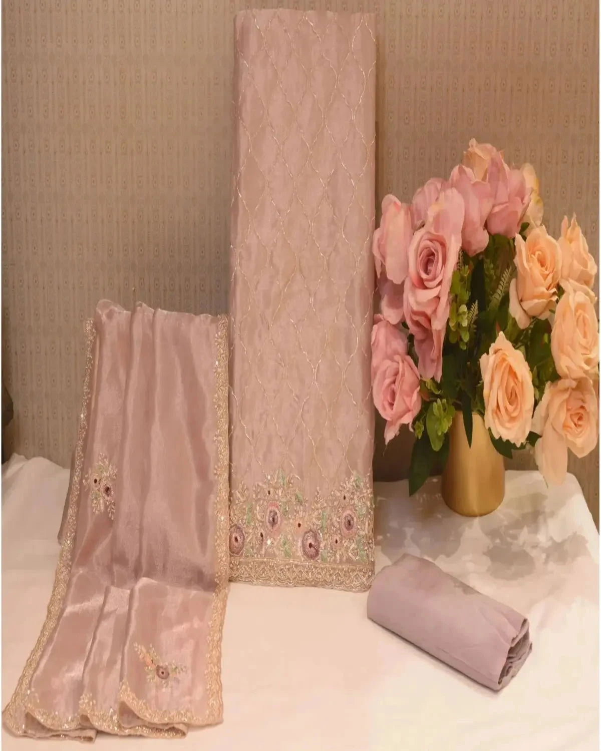 Embroidered Peach Tissue Dress Material - Pallodstore