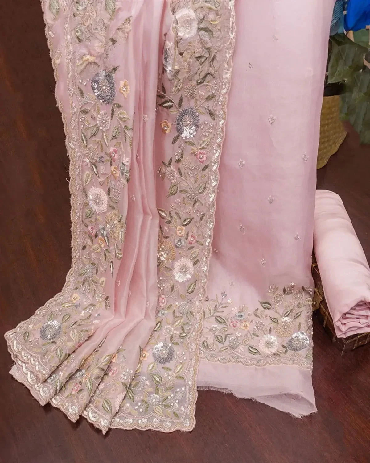 Embroidery Organza Baby Pink Dress Material - Pallodstore
