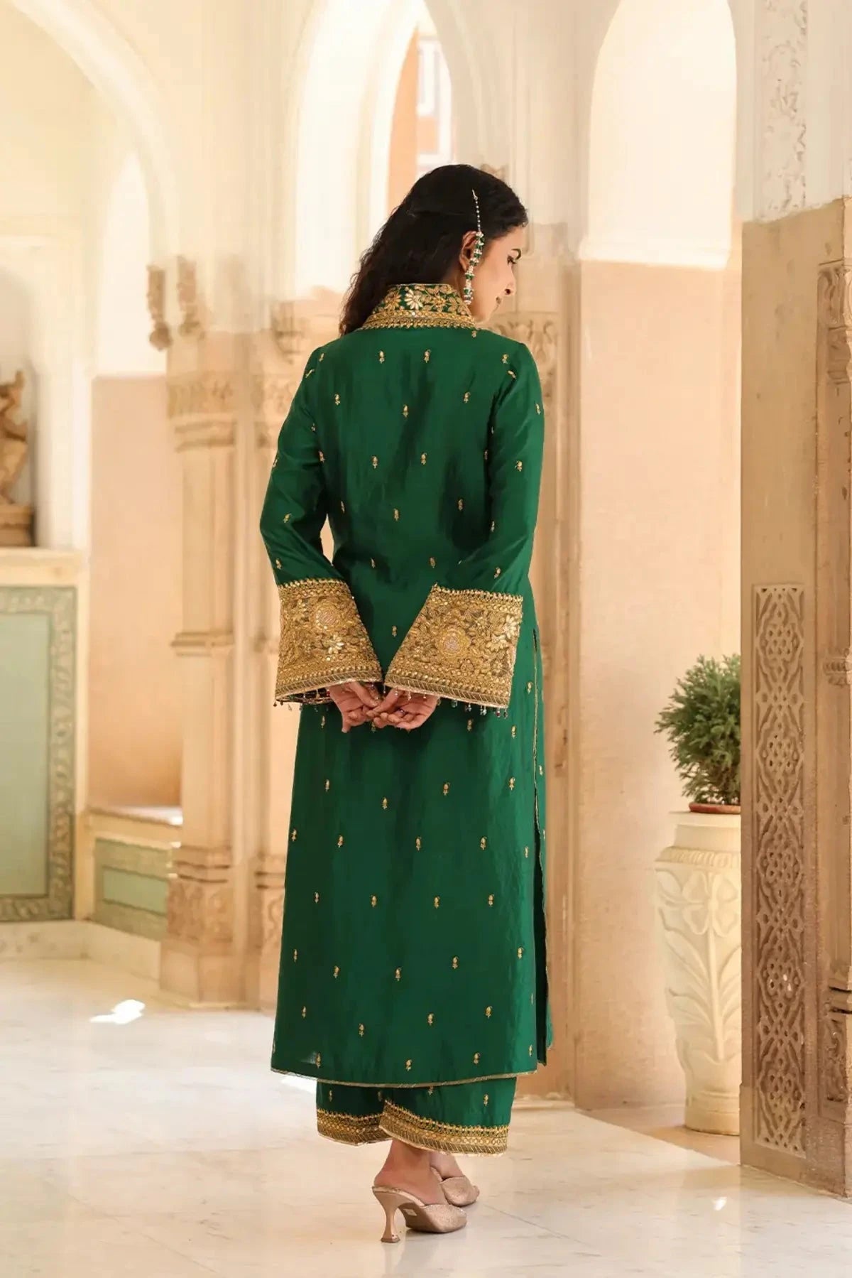 Emerald Green Riwayat Stand Collar Kurta Set - Pallodstore