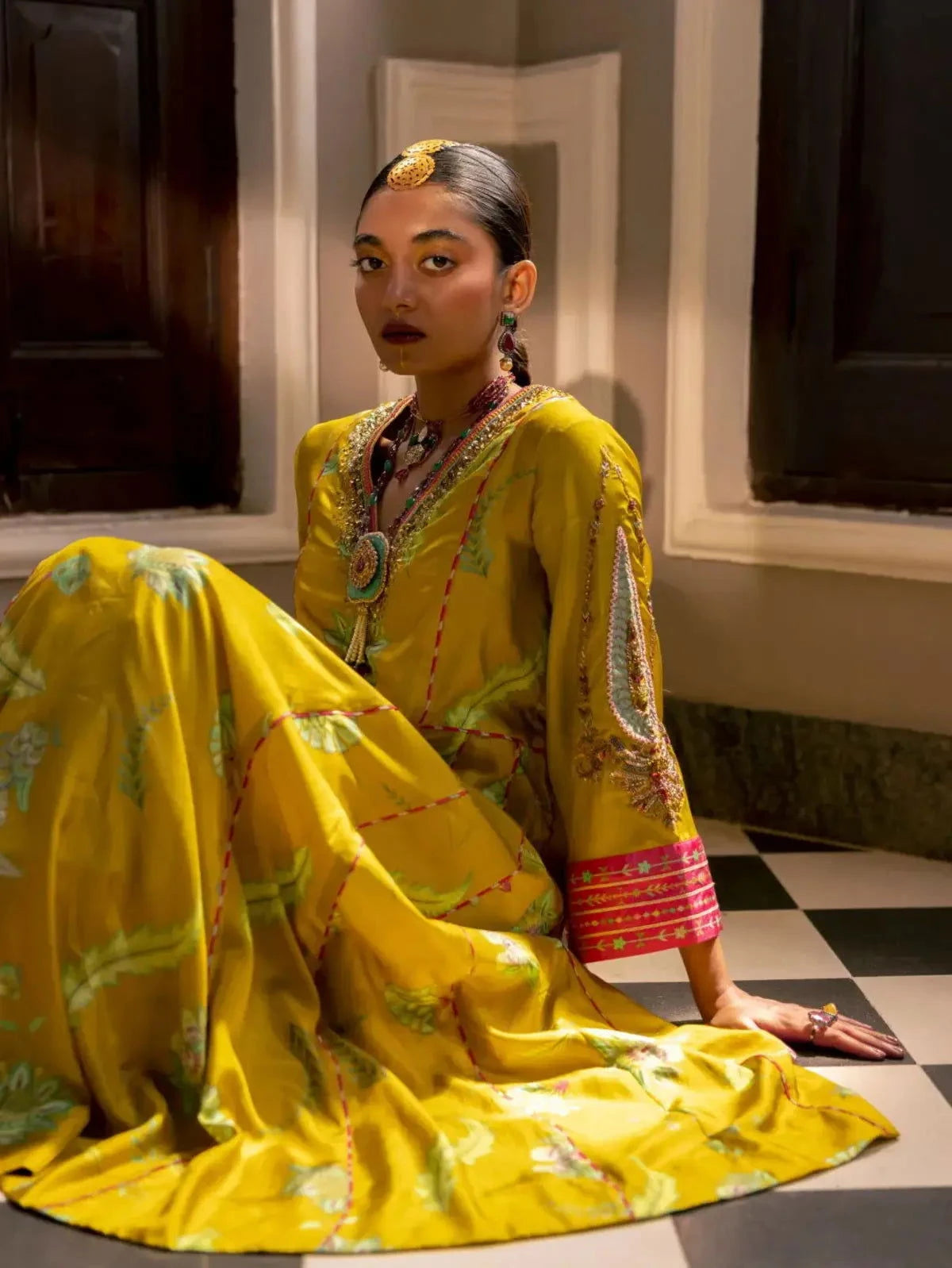 Fariba Lime Yellow Printed Side Kali Kurta Set - Pallodstore