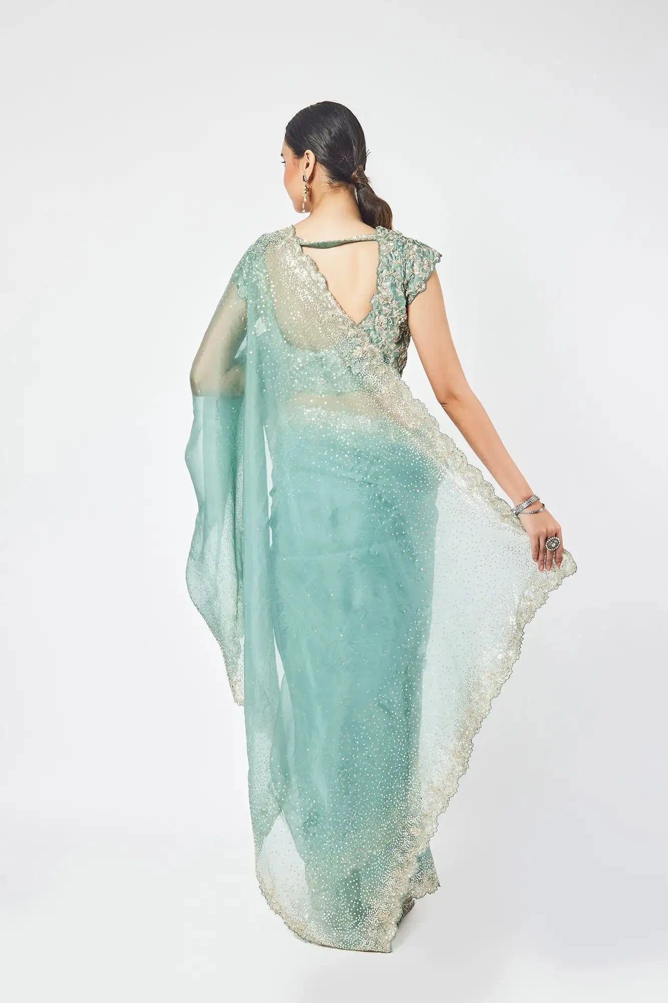 Fern Green Organza stone and cutdana work saree - Pallodstore