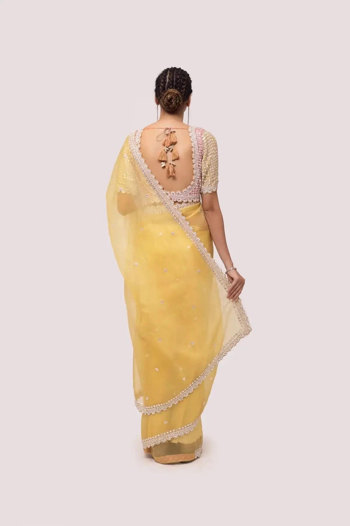 Gold Yellow Embroidered Organza Saree - Pallodstore