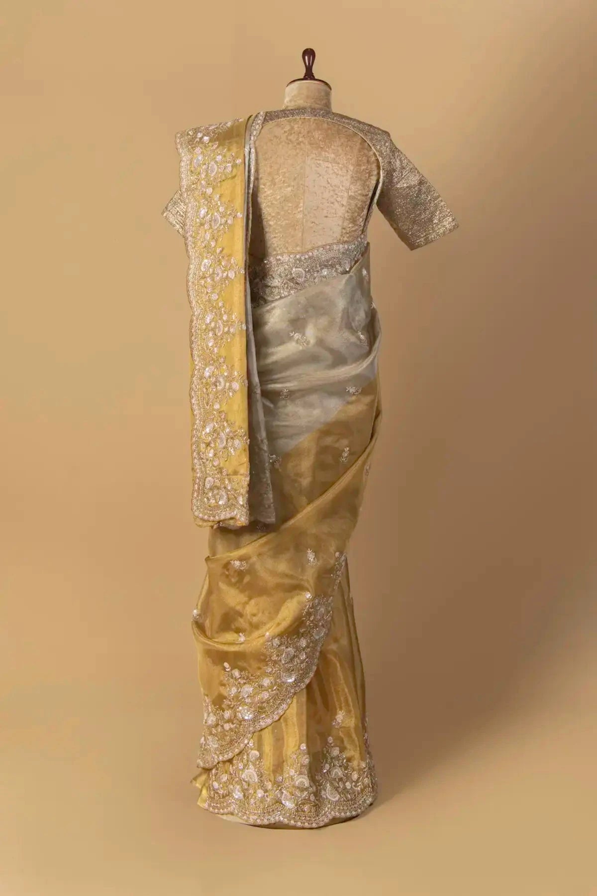 Golden and Silver Embroidered Tissue Saree - Pallodstore