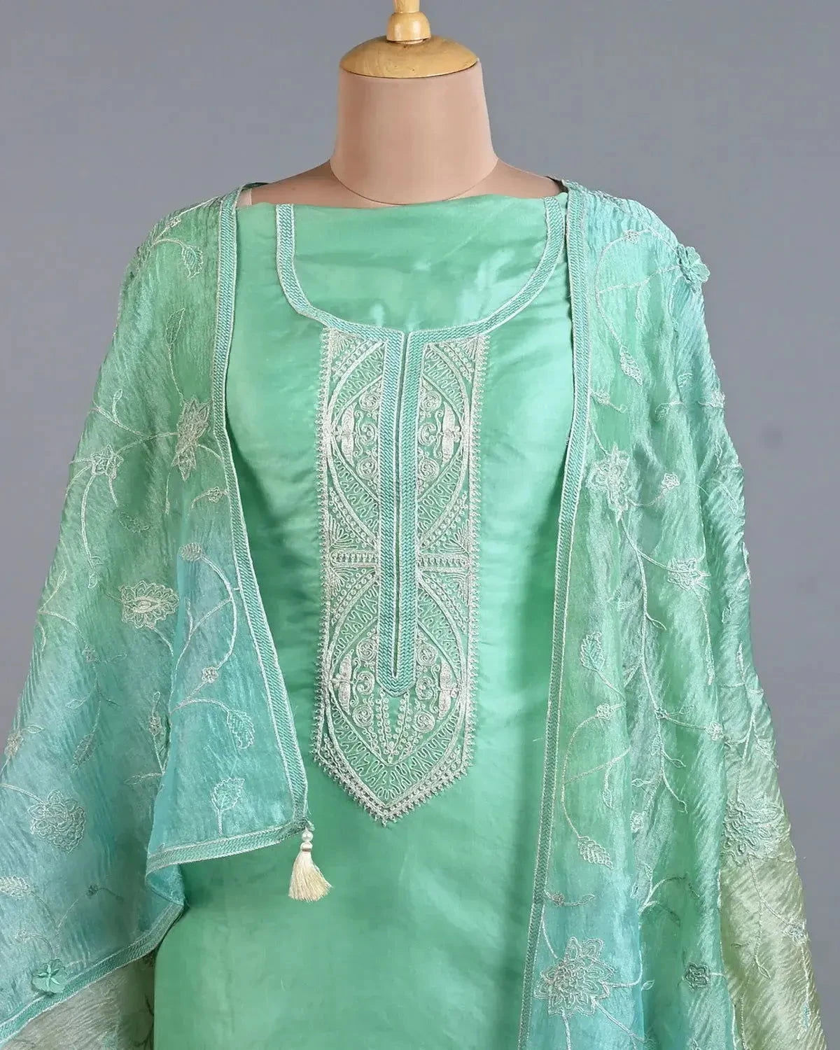 Greenish Blue Organza Suit Set - Pallodstore
