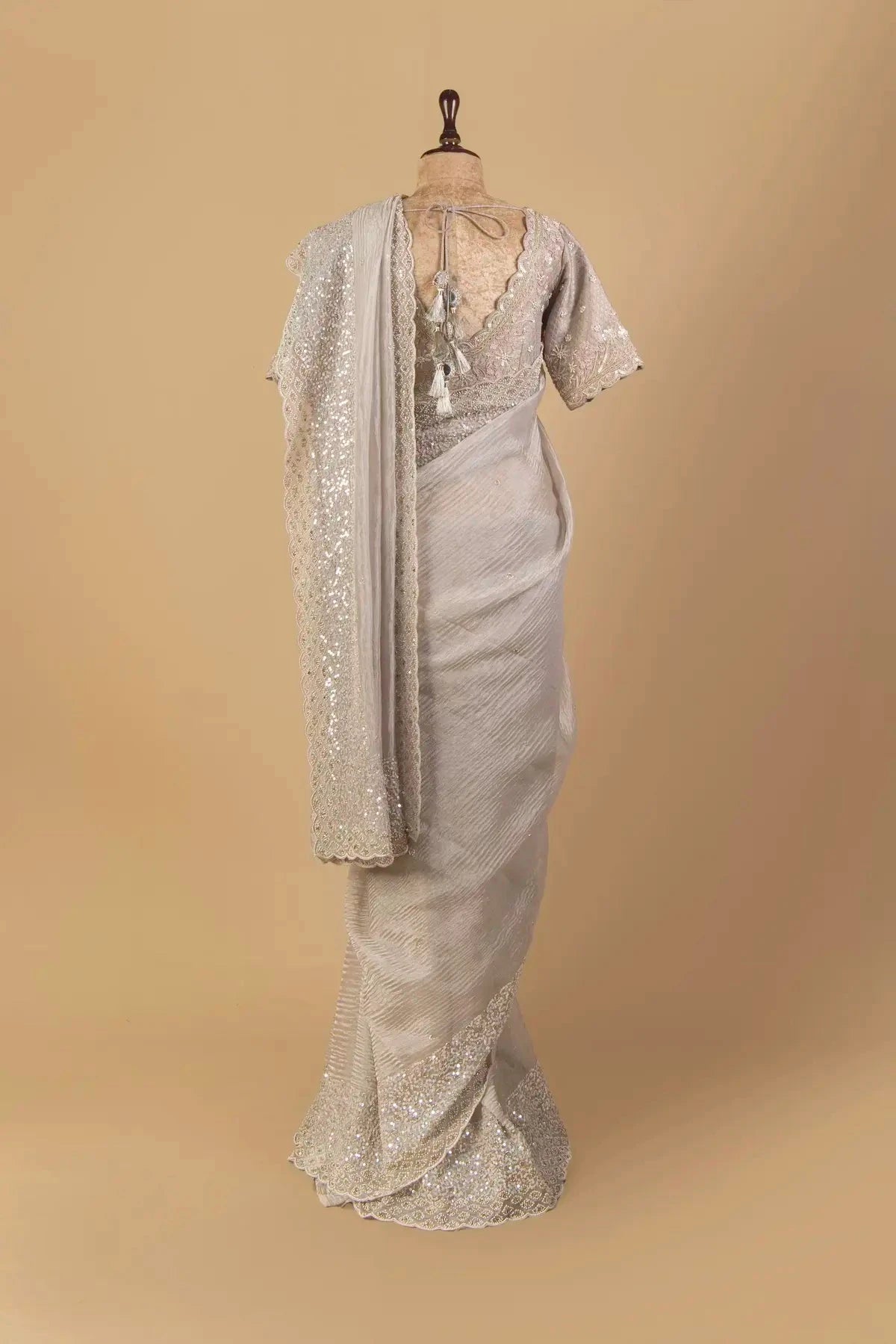 Grey Crushes Tissue Embroidered Saree - Pallodstore