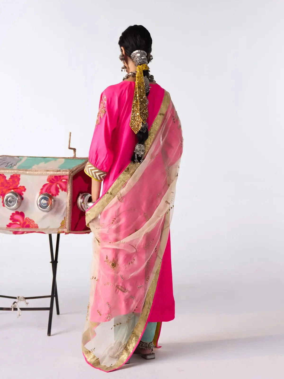 Hot Pink Silk Booti Kaftan Kurta Set - Pallodstore