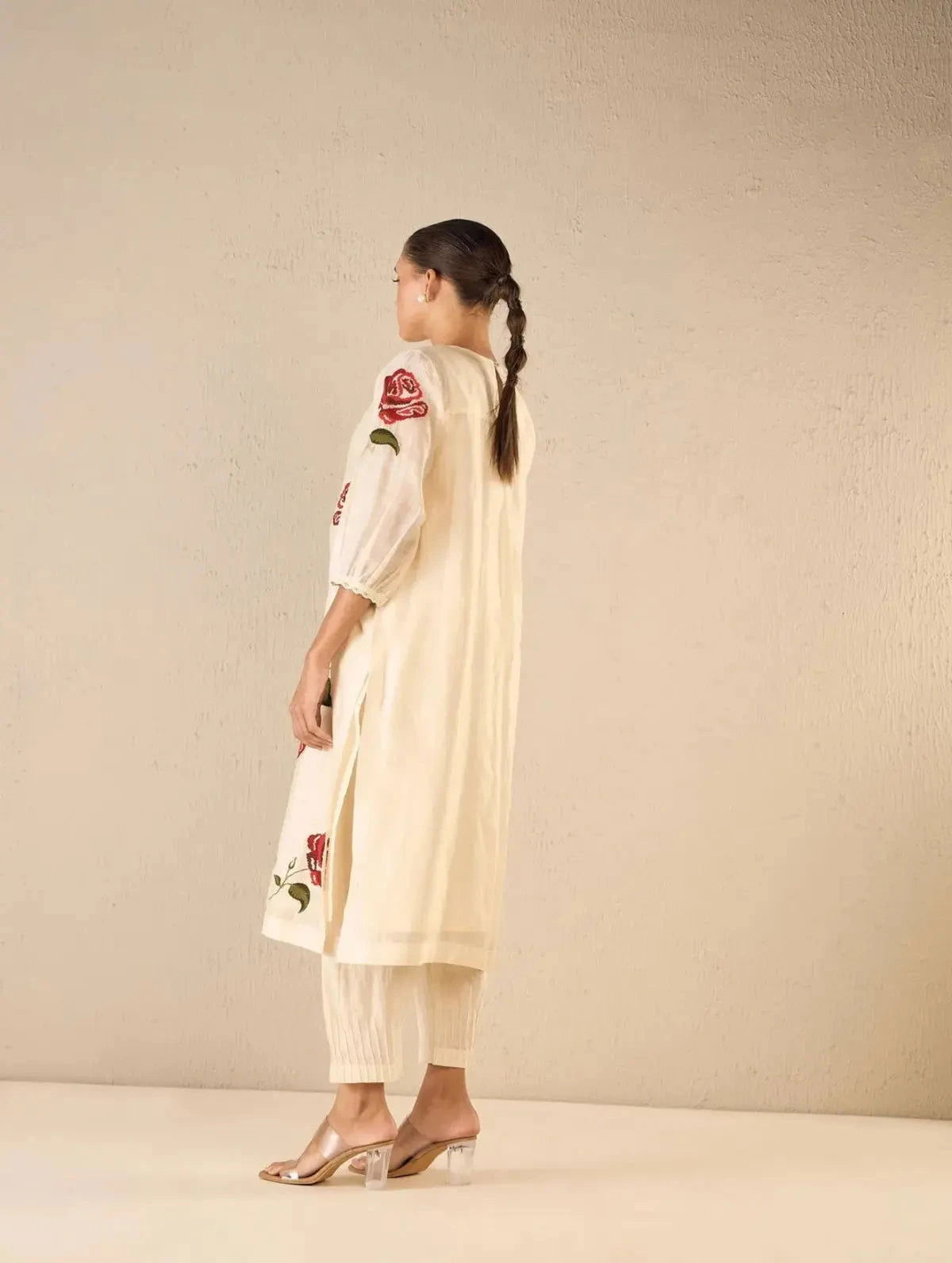 Ivory Chanderi Red Embroidery Rose Kurta With Ivory Pintuck Pants - Pallodstore