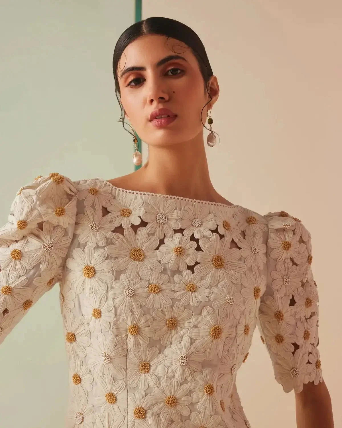 Ivory Daisy Applique Kurta with Flared Sharara Pants - Pallodstore