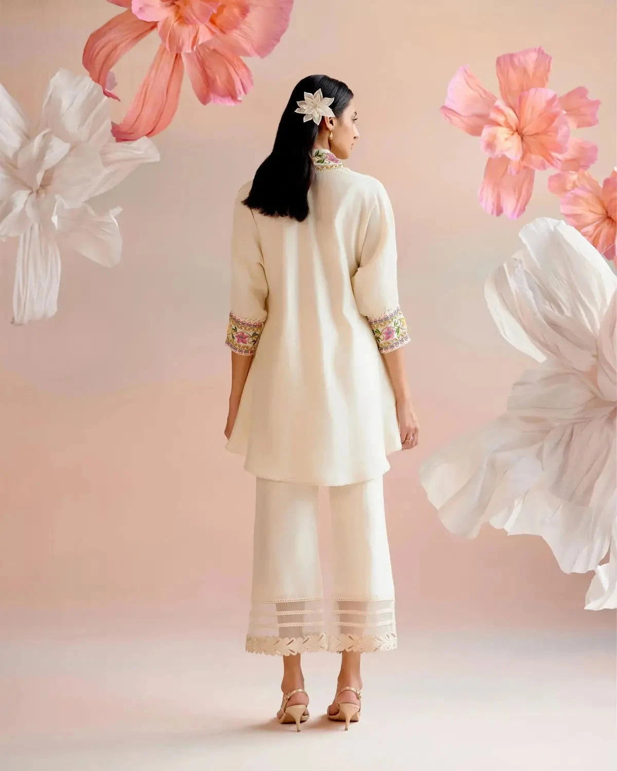 Ivory Floral Beadwork Kimono Tunic with Ivory Cutwork Pants - Pallodstore
