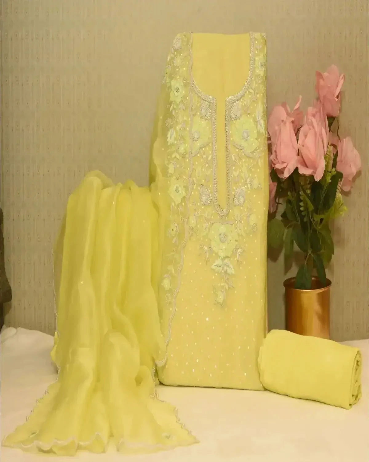 Lime Yellow Organza Dress Material - Pallodstore