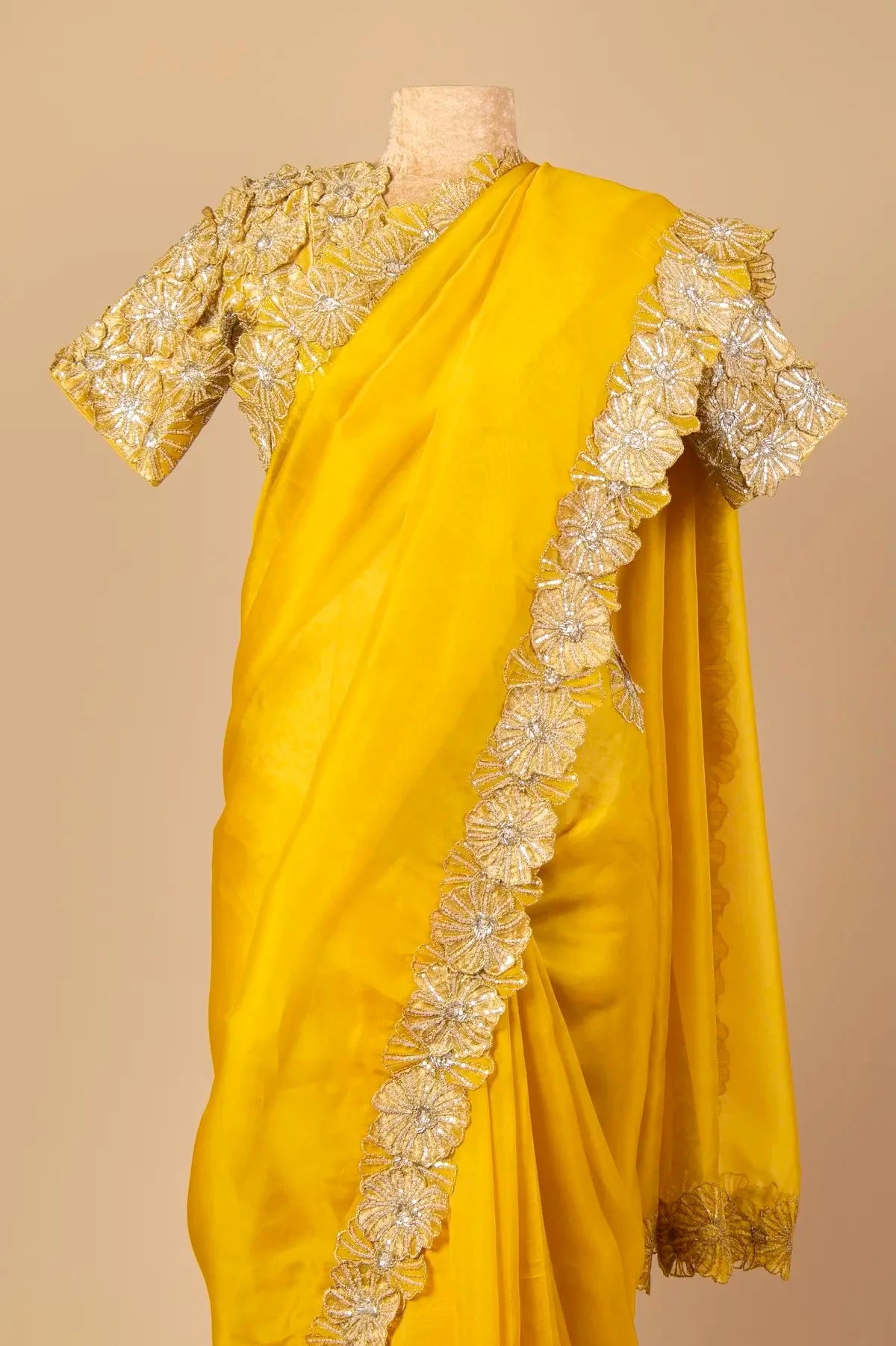 Mango Yellow Organza Embroidered Saree - Pallodstore