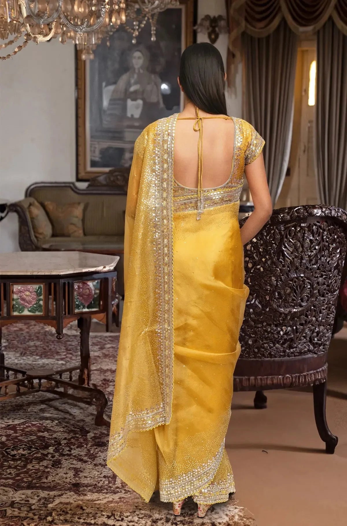 Mustard Embroidered Organza Saree - Pallodstore
