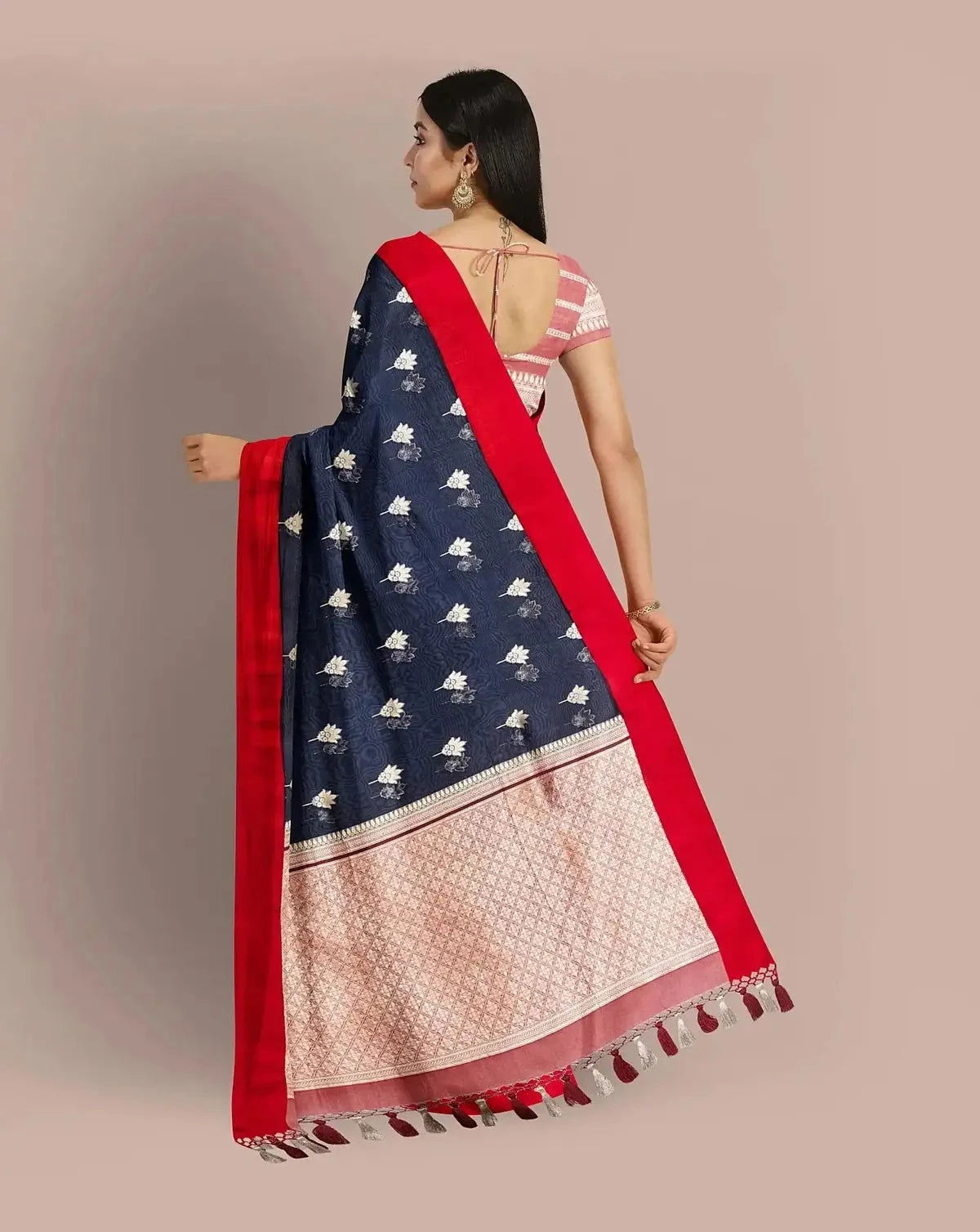 Navy Blue Banarasi Kora Saree - Pallodstore