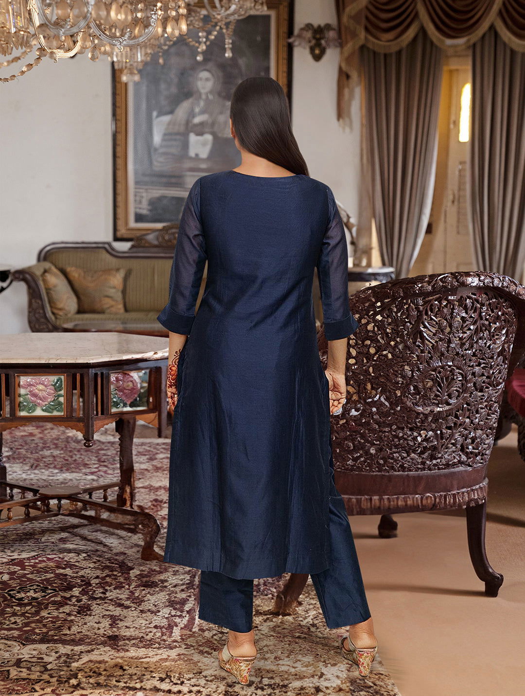Navy Blue Chanderi Silk Kurta Set - Pallodstore