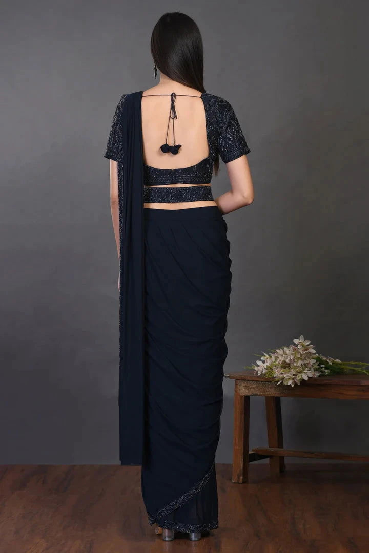 Navy Blue Drape Saree With Stylish Blouse - Pallodstore