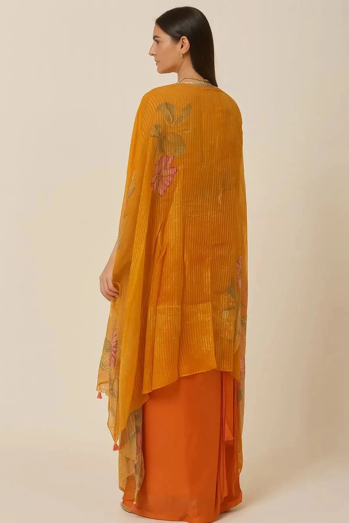 Orange Crop Blouse With Drape Skirt Cape - Pallodstore