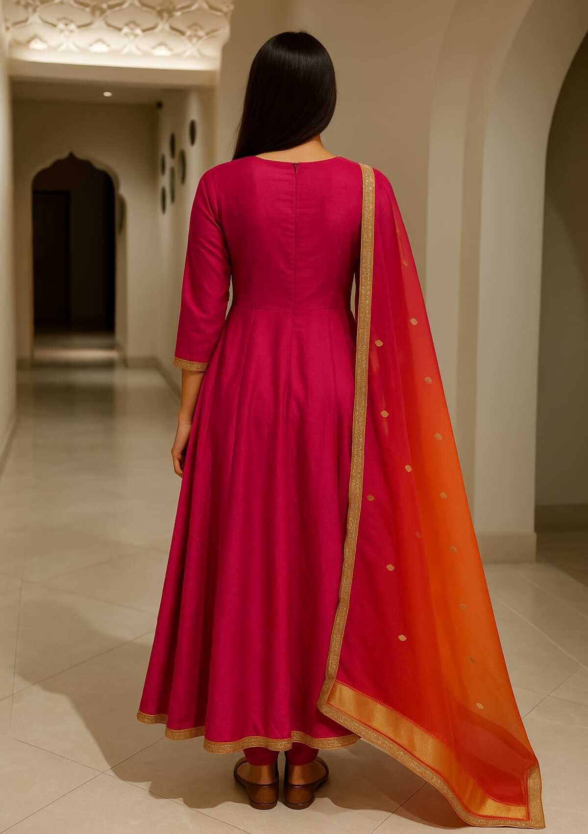 Pink Long Anarkali Shaded Dupatta Set - Pallodstore