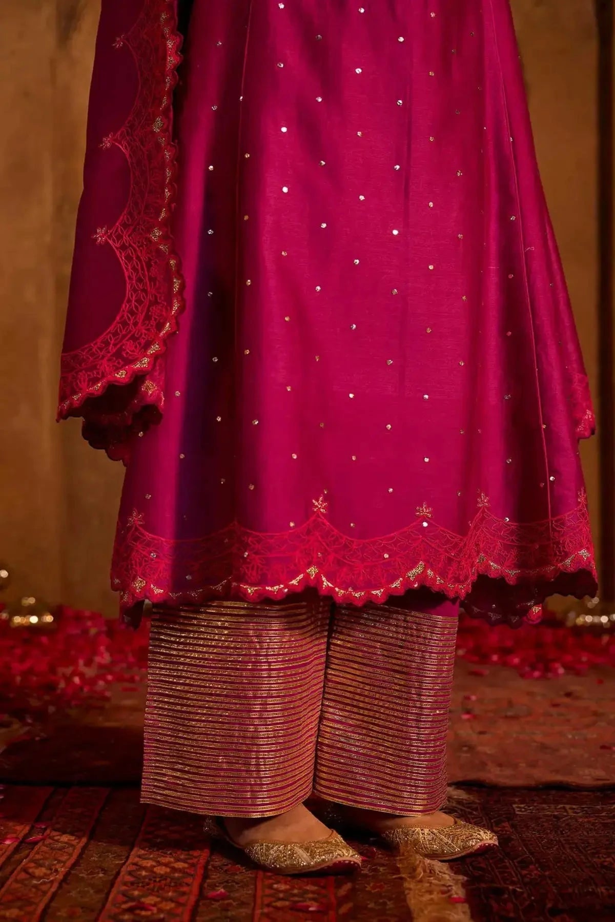 Purple Chanderi Embroidered A-Line Kurta With Pants And Dupatta - Pallodstore