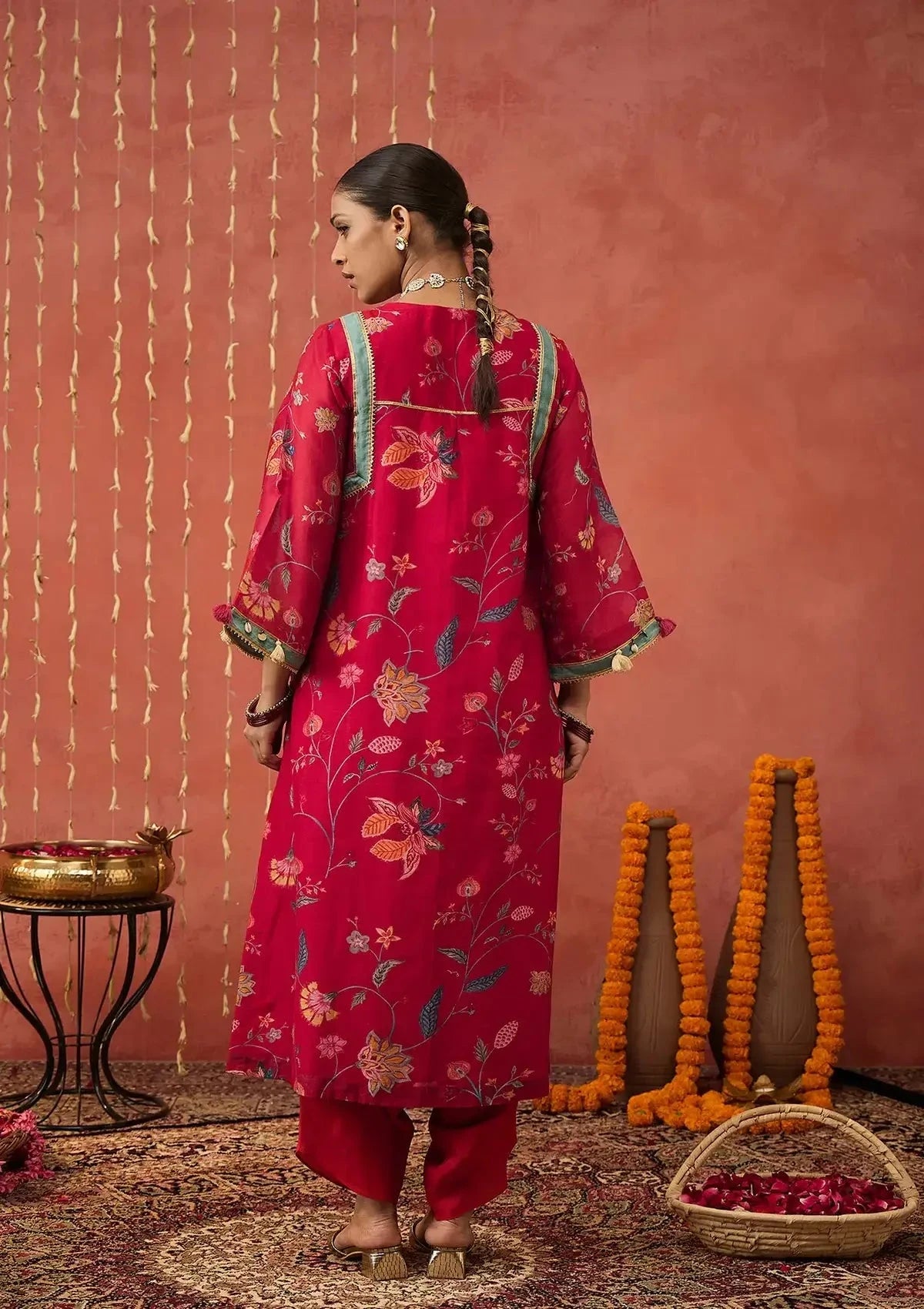 Red Chintz Chanderi Long Kurta Set - Pallodstore