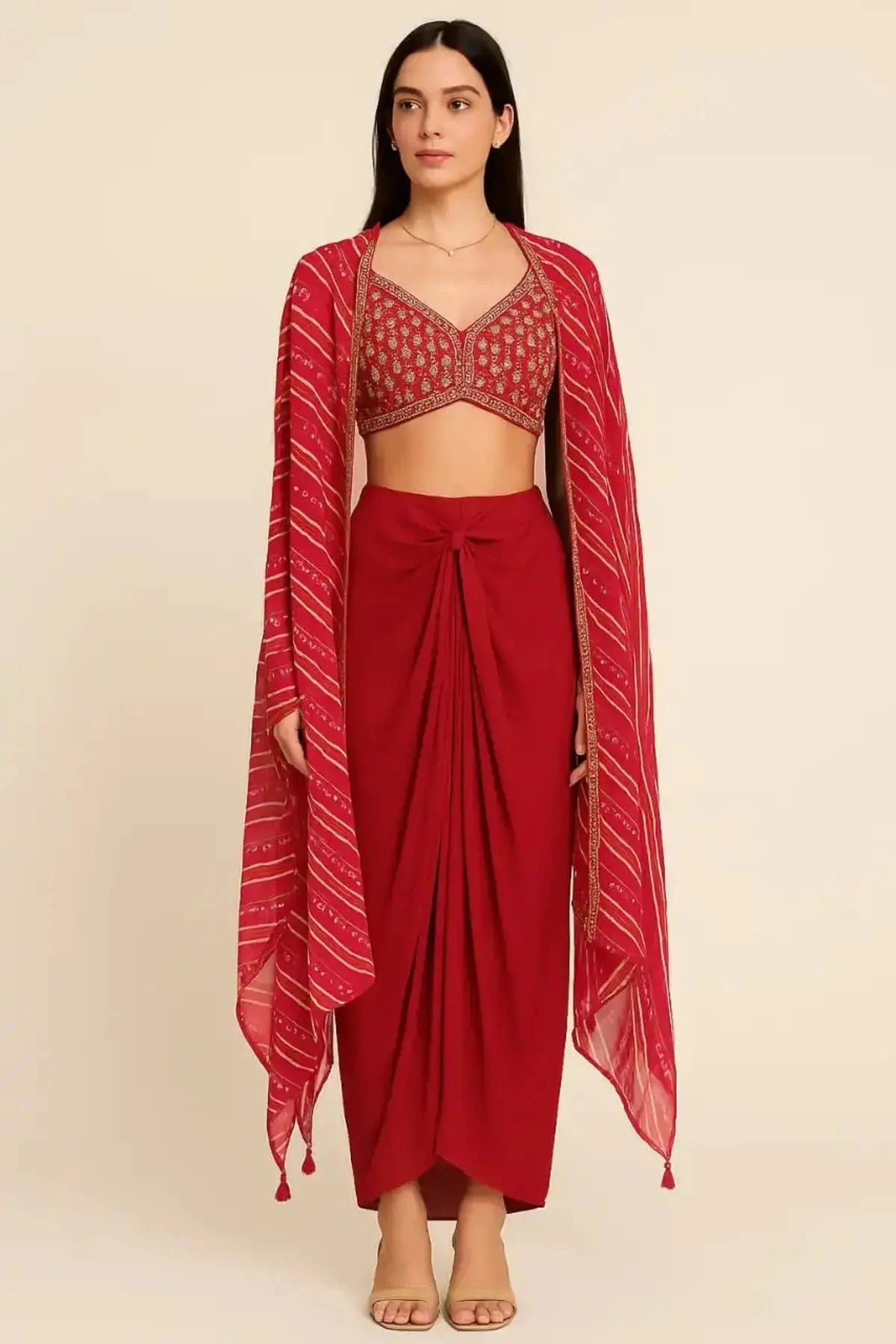 Red Cowl Skirt Blouse And Jacket Indo Western - Pallodstore