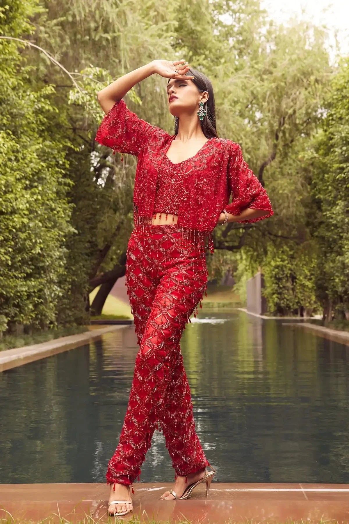 Red Indo Western Short Jacket Set With Flared Pants - Pallodstore