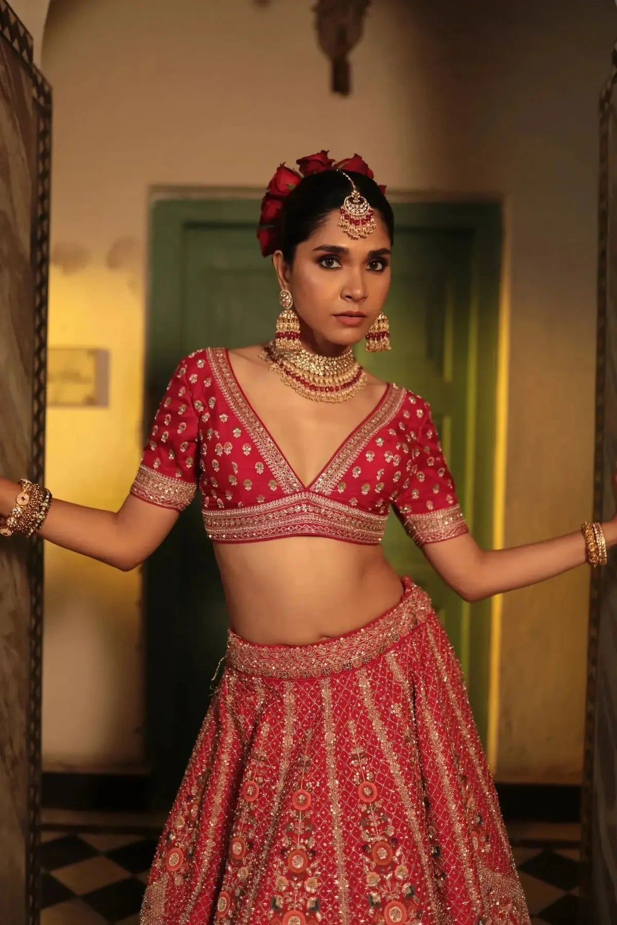 Red Raw Silk Lehenga - Pallodstore