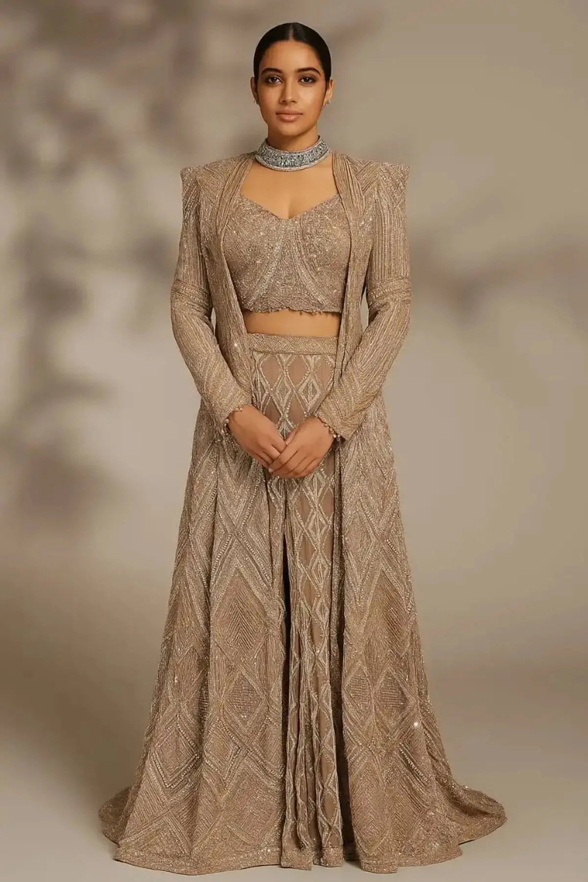Rose Gold Heavy Long Indo Western - Pallodstore