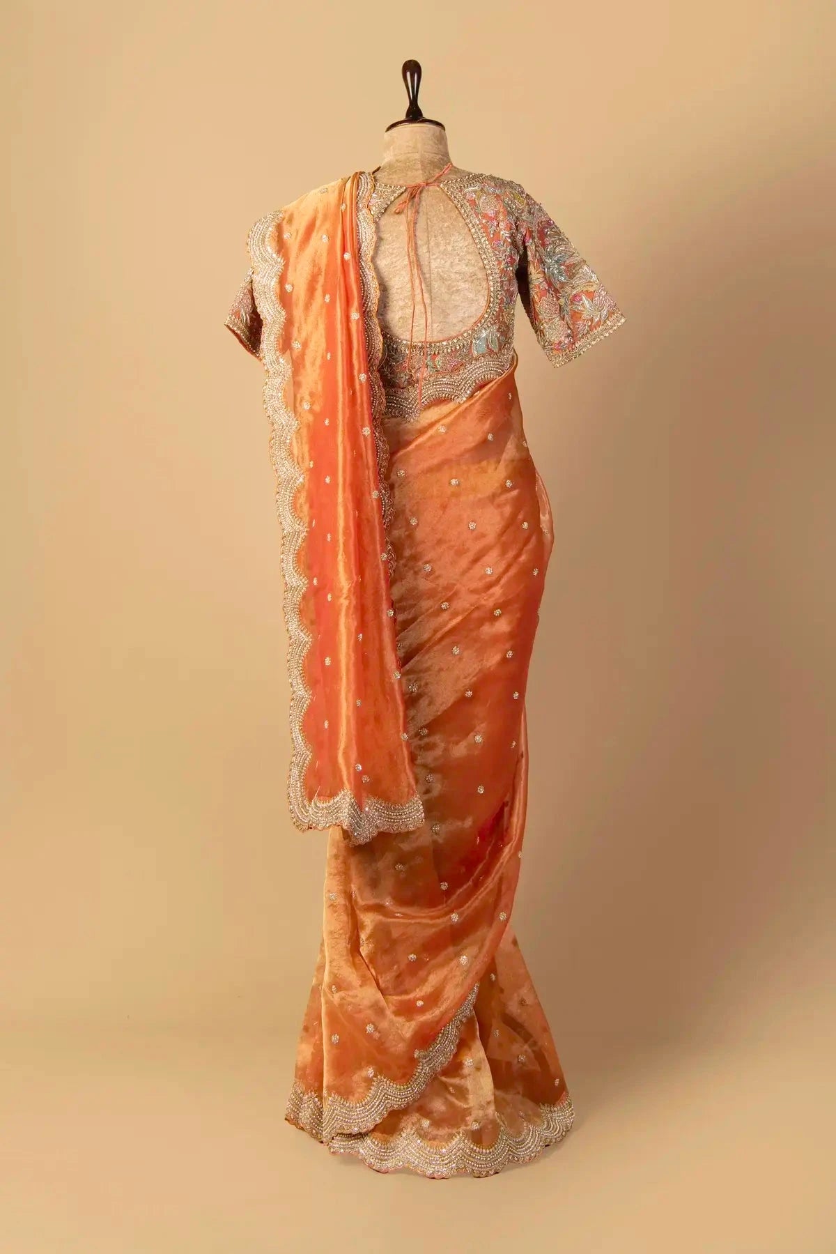 Rust Orange Tissue Embroidered Saree - Pallodstore
