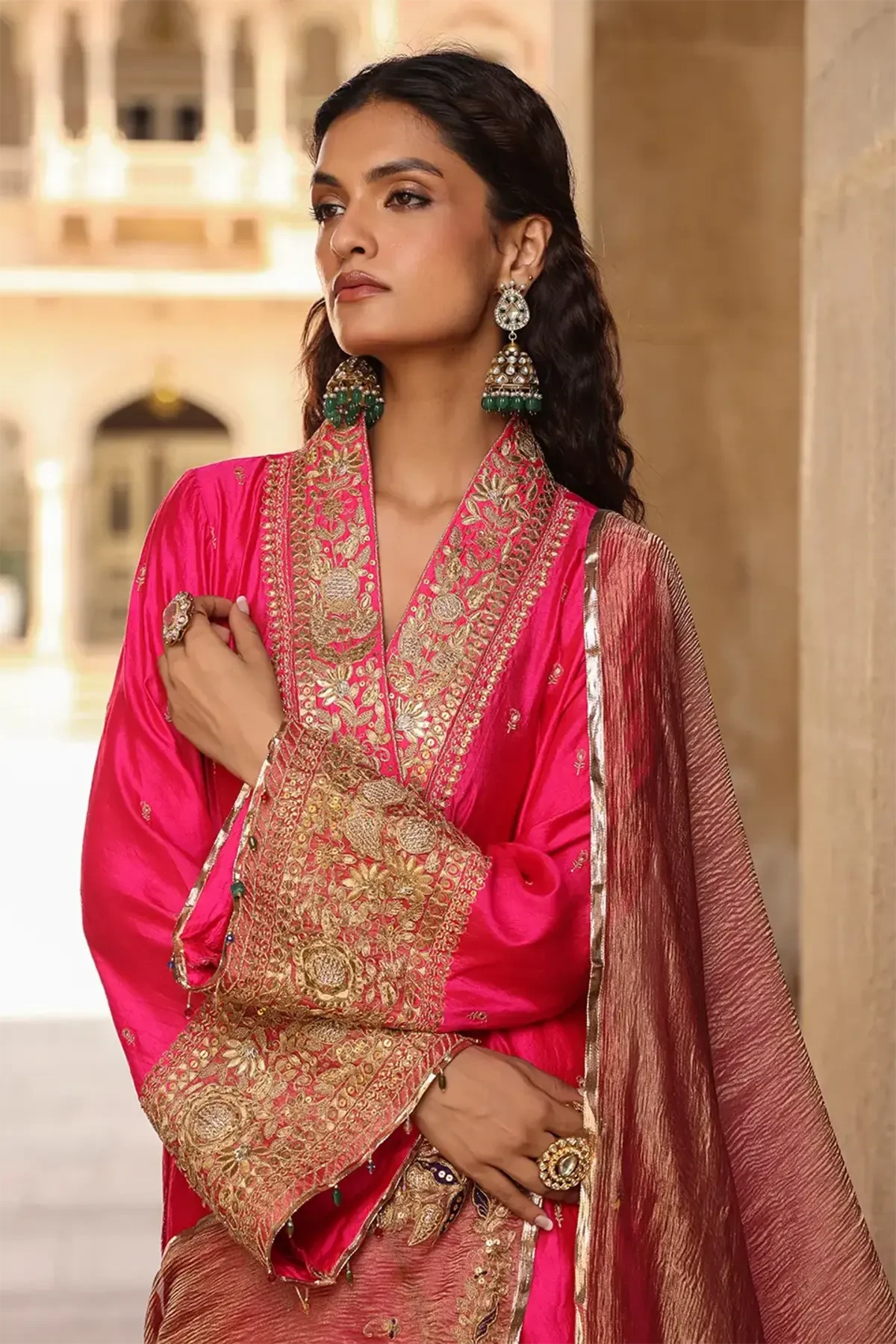 Shocking Pink Riwayat Stand Collar Kurta Set - Pallodstore