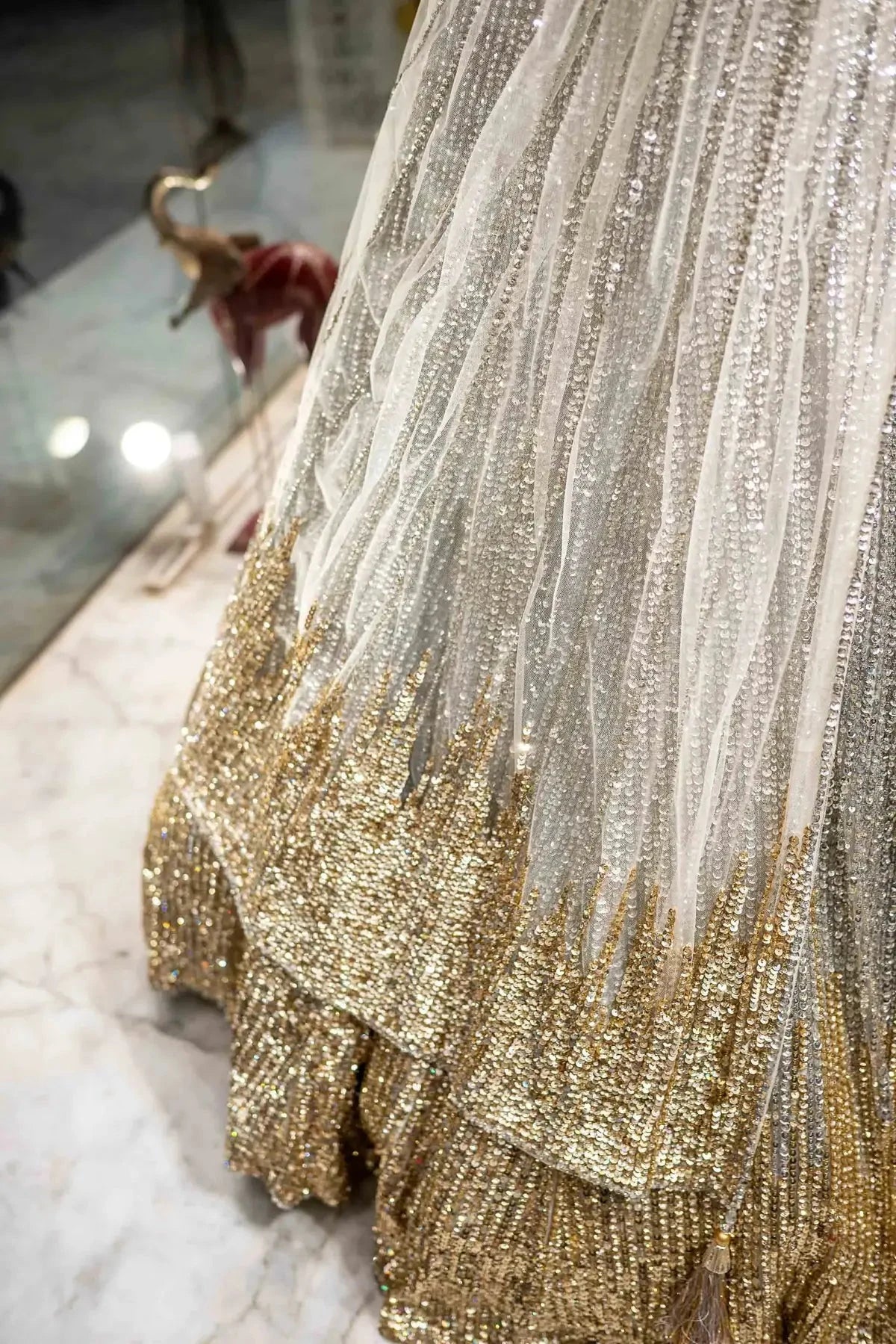 Silver And Gold Mix Border Net Lehenga - Pallodstore