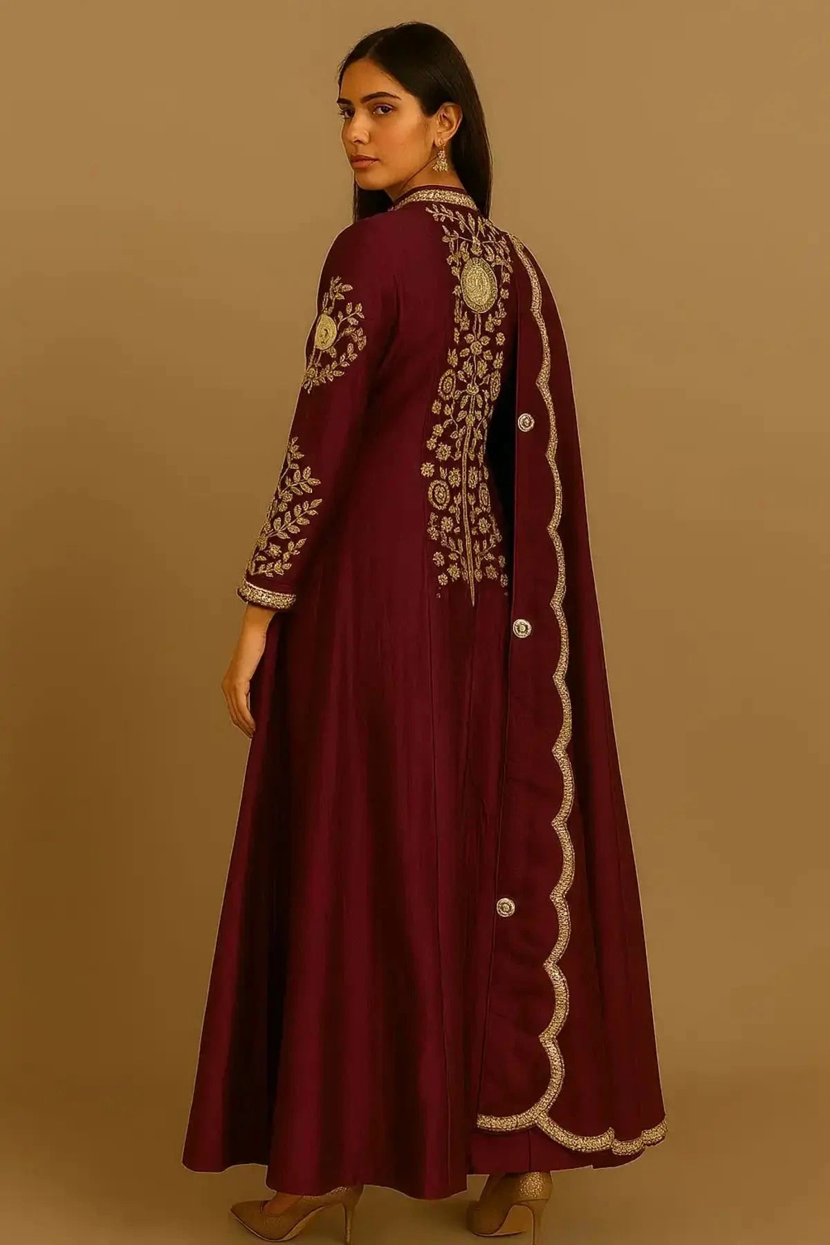 Wine Long Front Slit One Piece With Dupatta - Pallodstore
