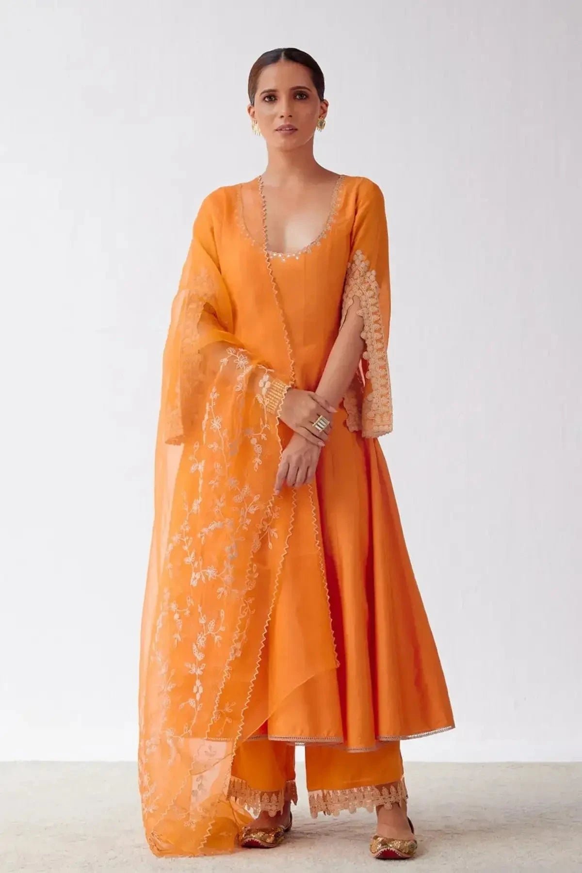 Ananya Pandey In Orange Dori Embroidered Anarakali Set - Pallodstore