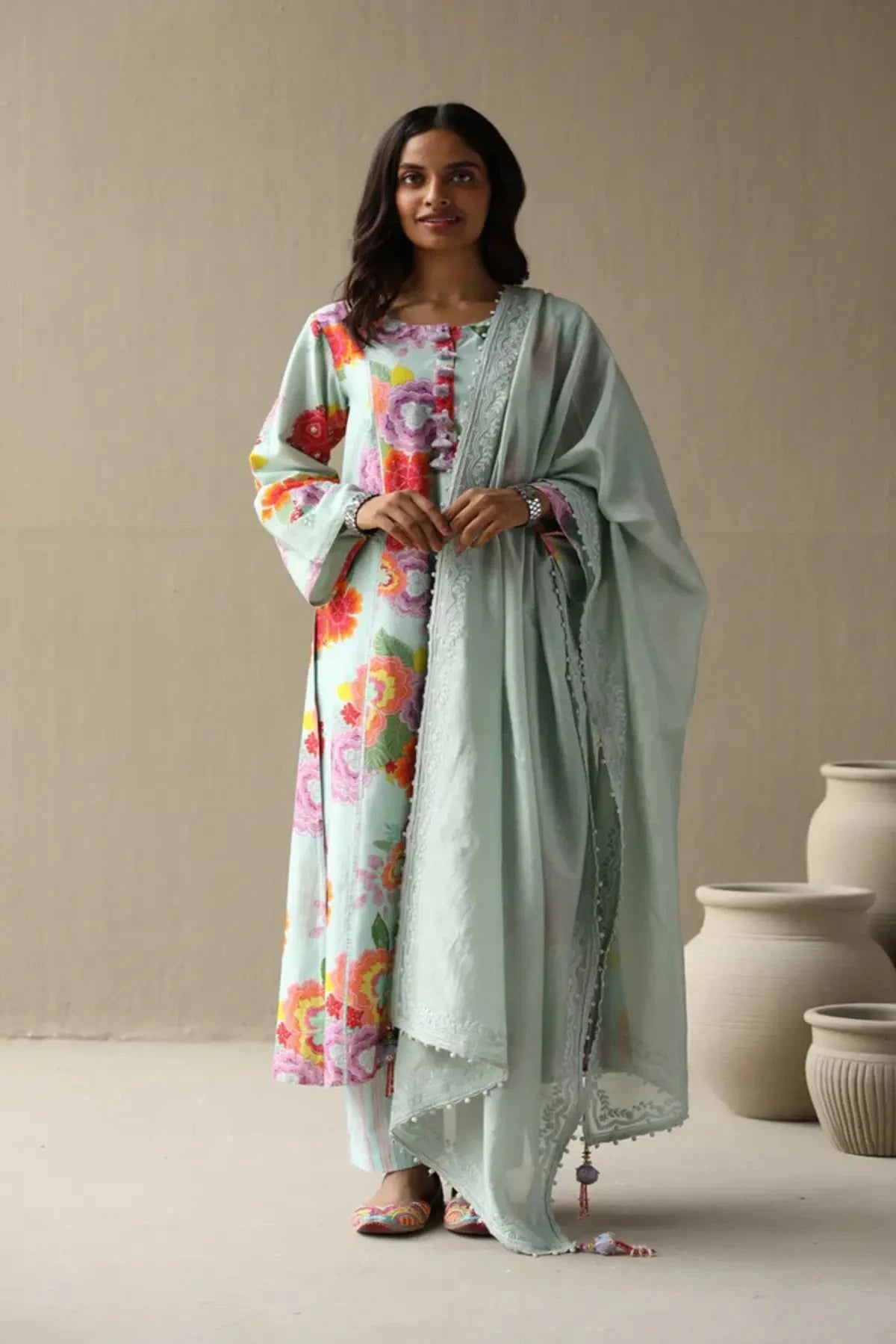Baby Blue Chanderi Hand Embroidered Kurta With Pants And Embroidered Dupatta - Pallodstore